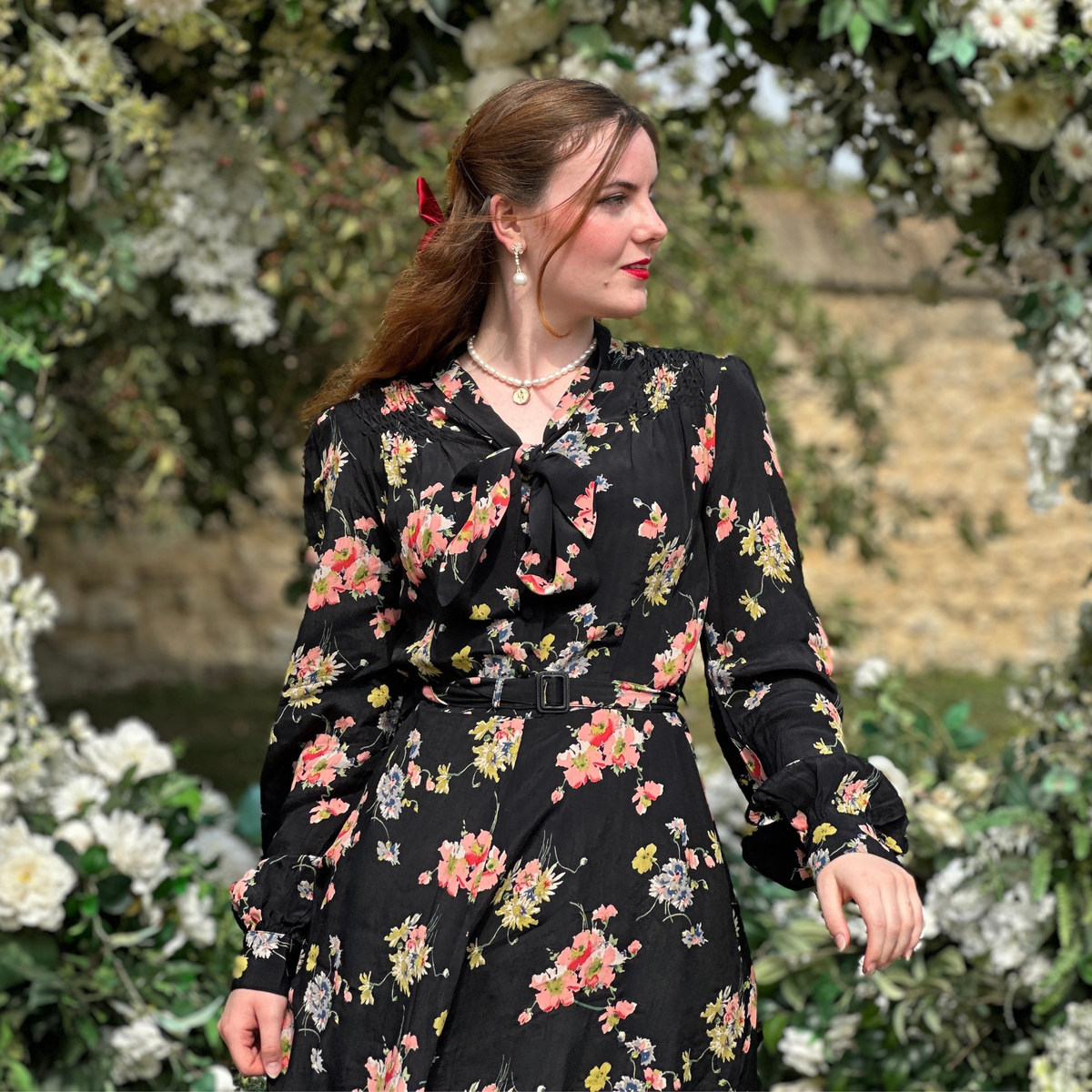 Eva Pussy Bow Dress in Black Mayflower