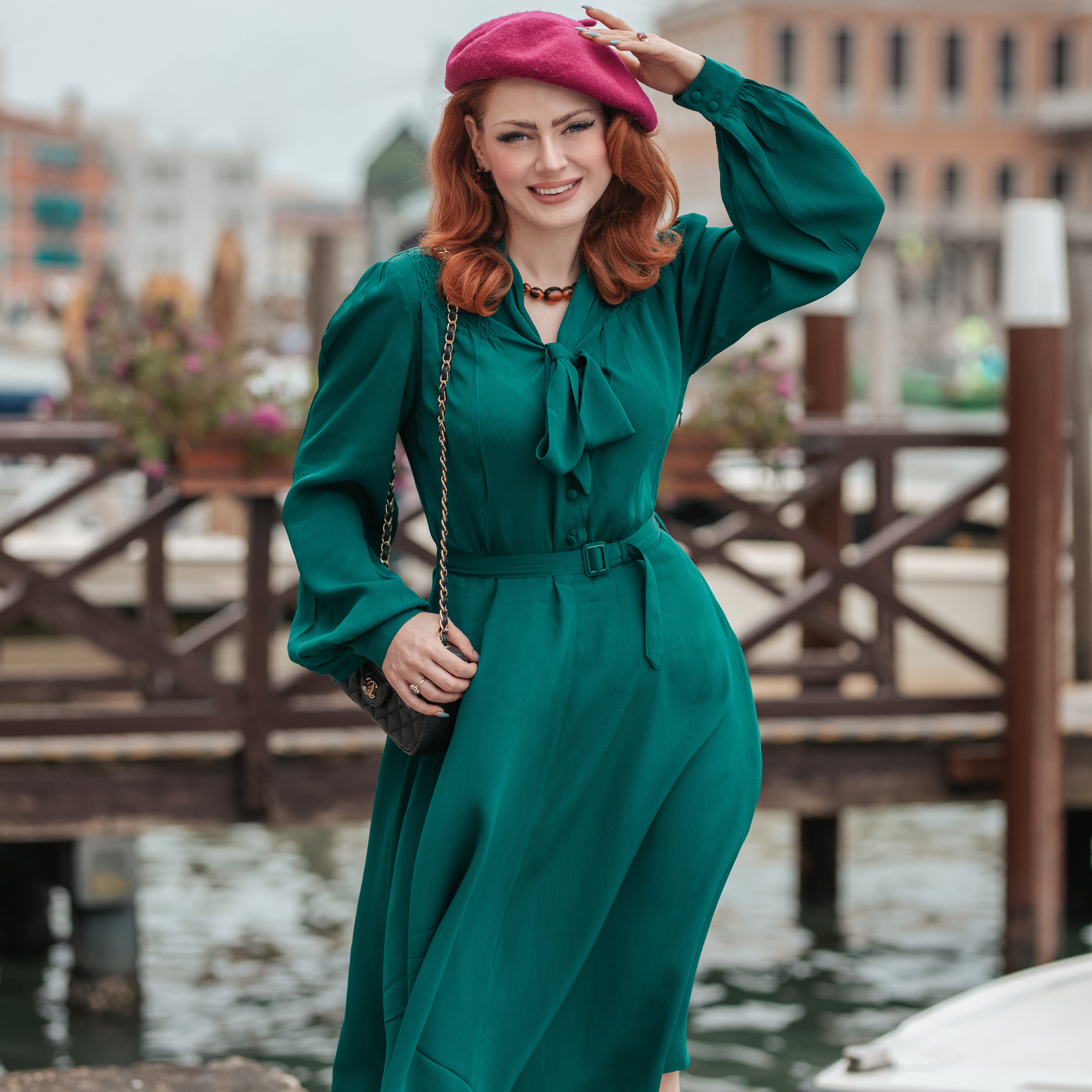Eva Pussy Bow Dress in Hampton Green