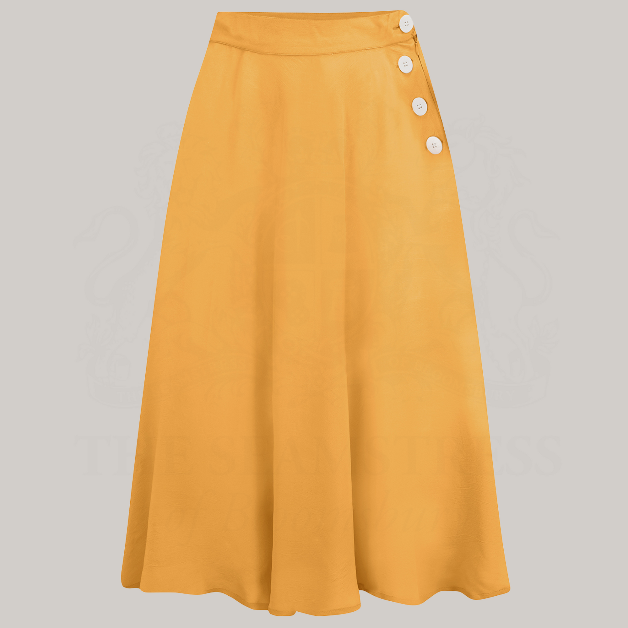 A mustard yellow, full-circle swing dance skirt with decorative buttons on the left side