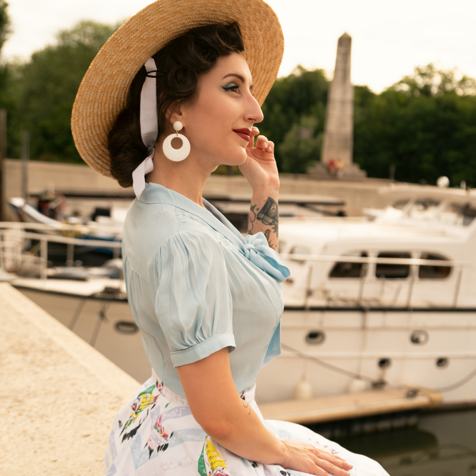 Eva Pussy Bow Blouse Short Sleeve in Powder Blue