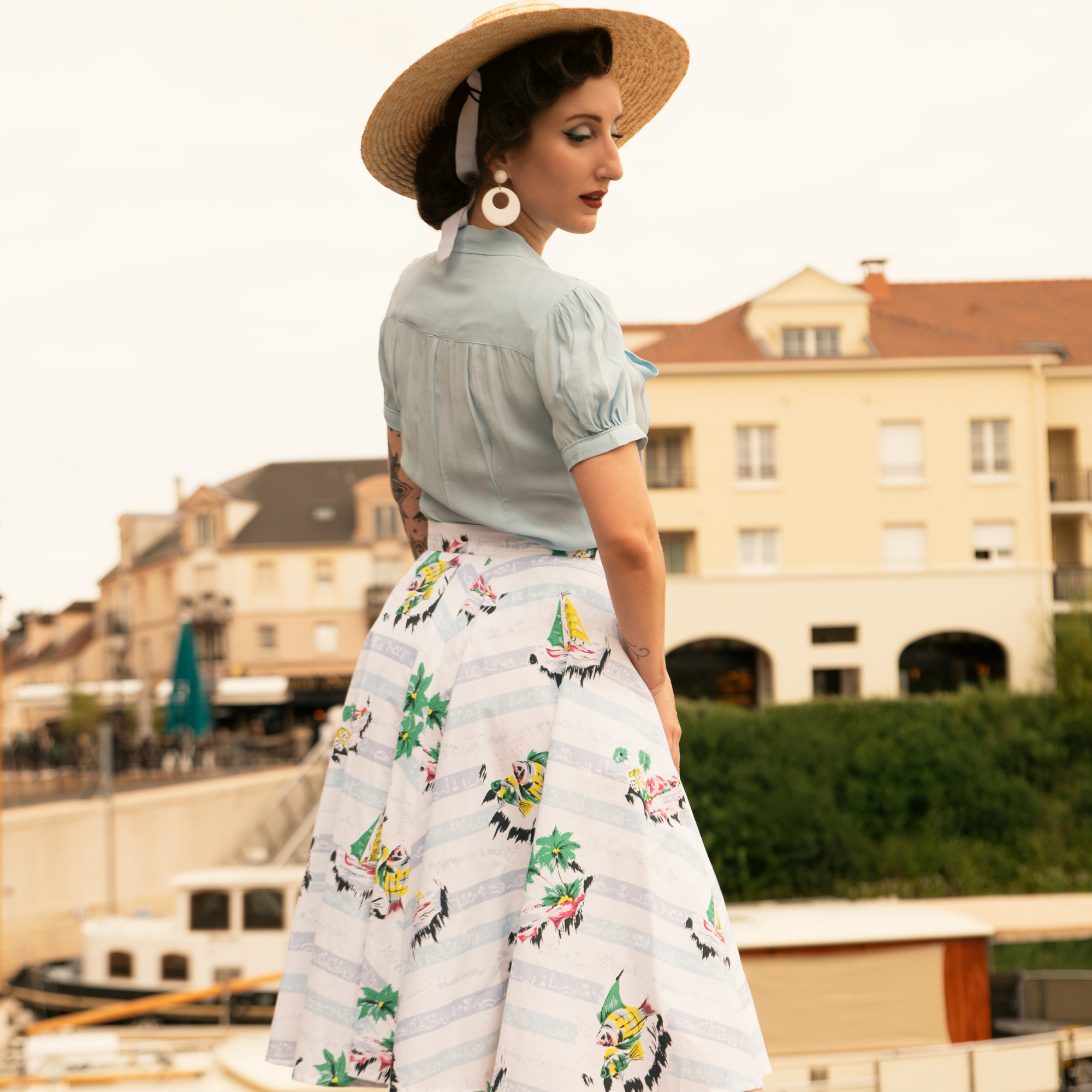 Eva Pussy Bow Blouse Short Sleeve in Powder Blue