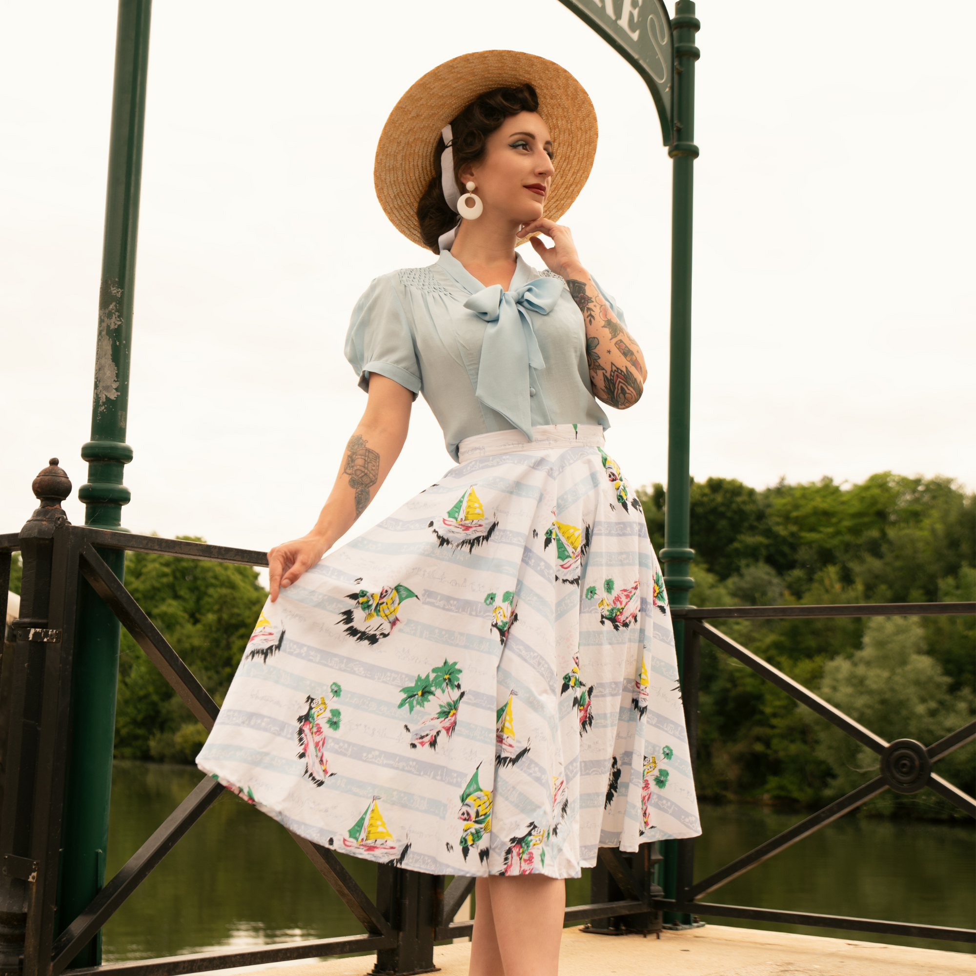 Eva Pussy Bow Blouse Short Sleeve in Powder Blue