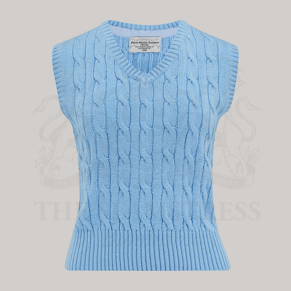 1940s style cable knitted slipover/vest in light blue with a v-neck neckline.
