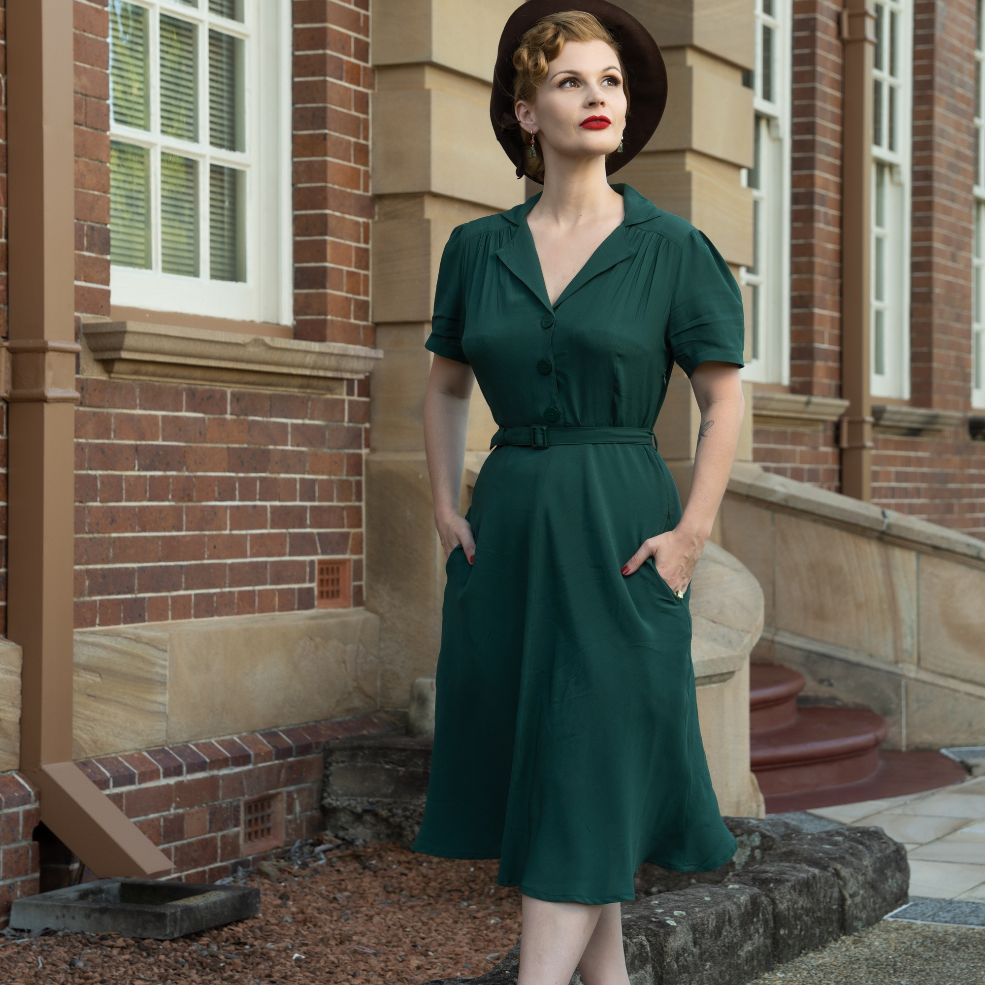 1940s shirt dress Lucille CC41 in Solid Navy Blue , Classic True Vinta Rock n Romance Slight Stretch Closure Type Lisa Dress in Hampton Green