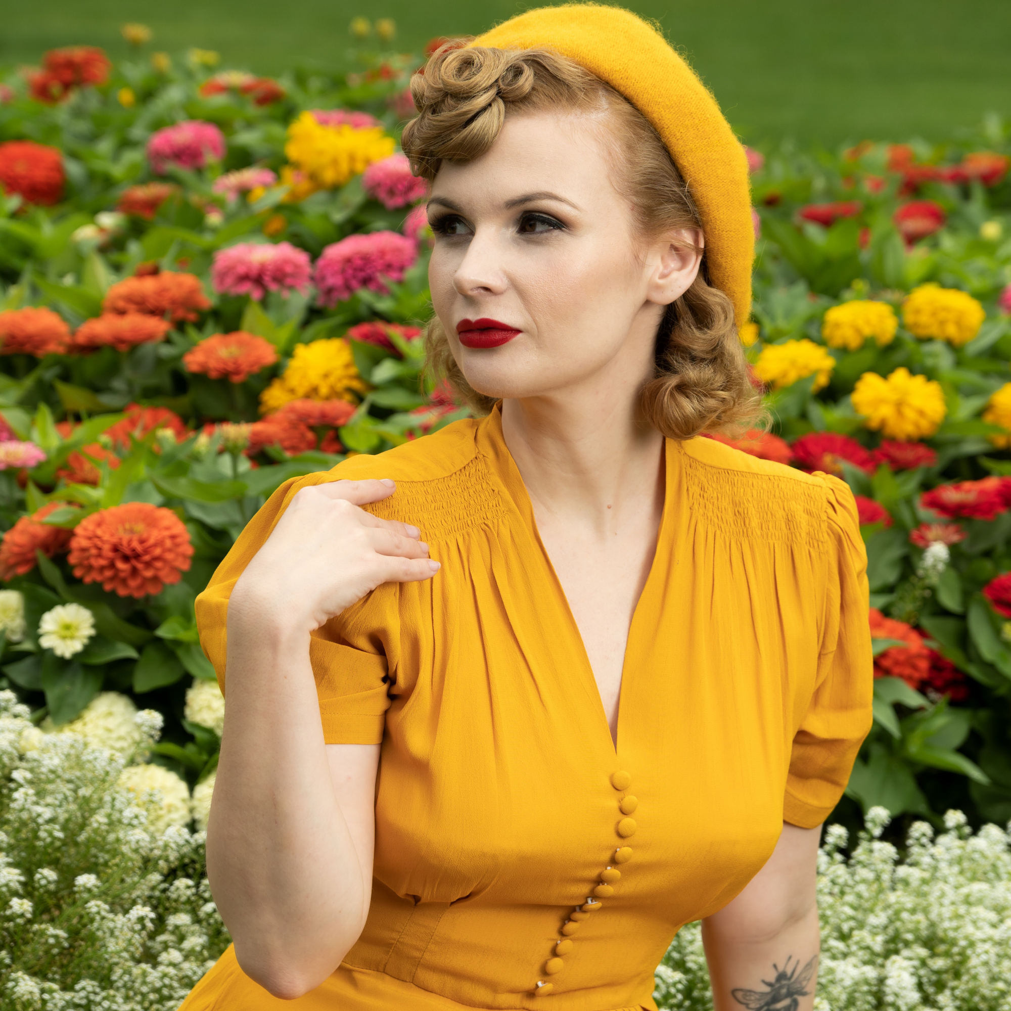 Mabel Waterfall Dress in Mustard