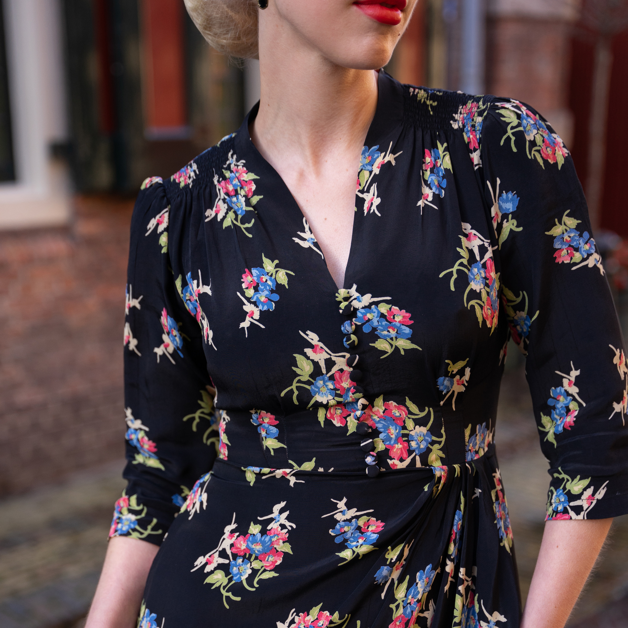 Mabel 3/4 Waterfall Dress in Black Floral Dancer