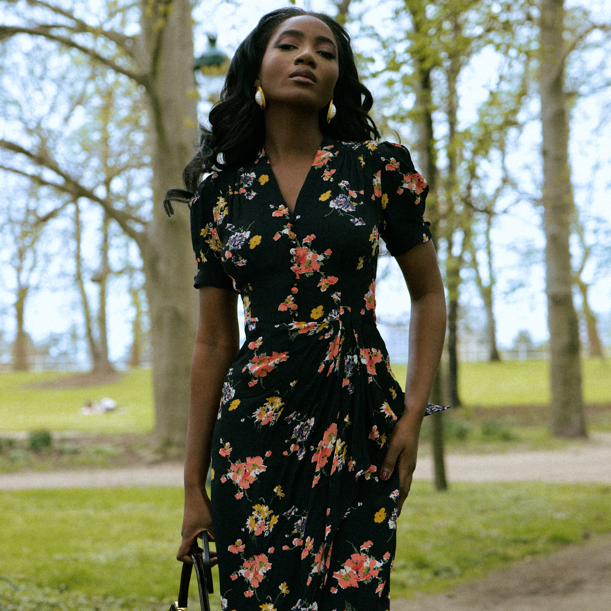 Mabel Dress in Black Mayflower | Vintage 1940s Style Waterfall Dress - The Seamstress of Bloomsbury Mabel Dress in Black Mayflower | Vintage 1940s Style Waterfall Dress - The Seamstress of Bloomsbury