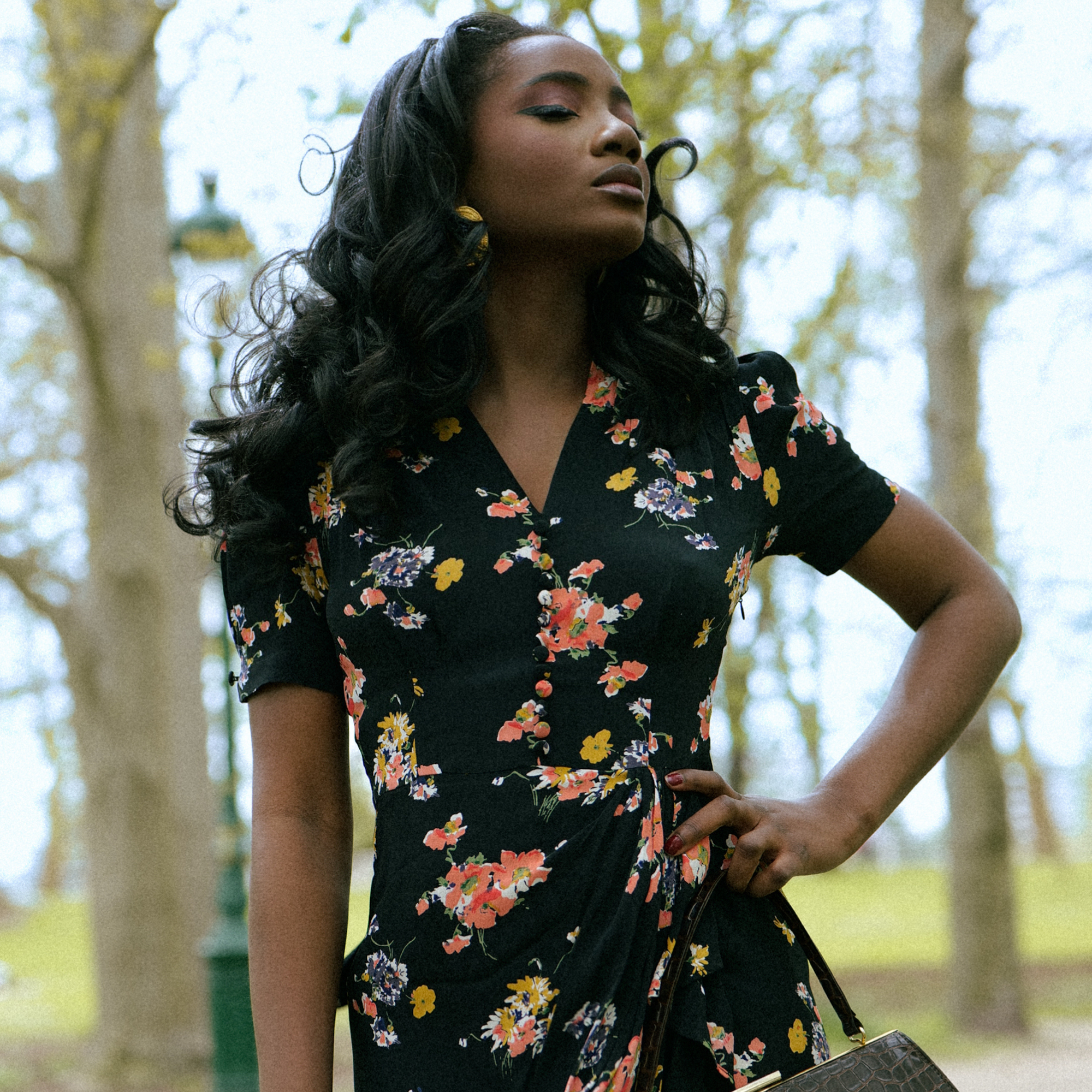 Mabel Dress in Black Mayflower | Vintage 1940s Style Waterfall Dress