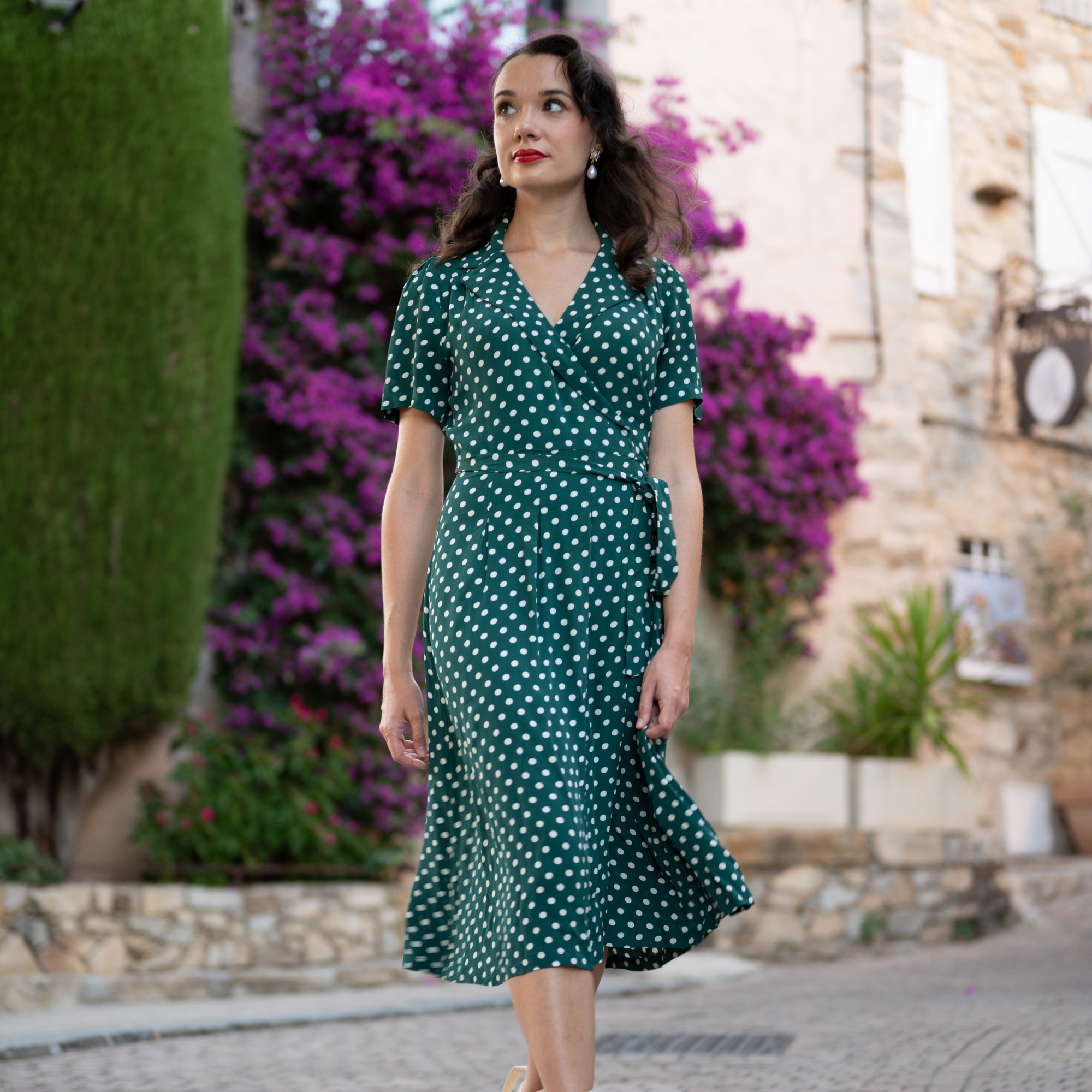 Peggy Wrap Dress in Green Polka