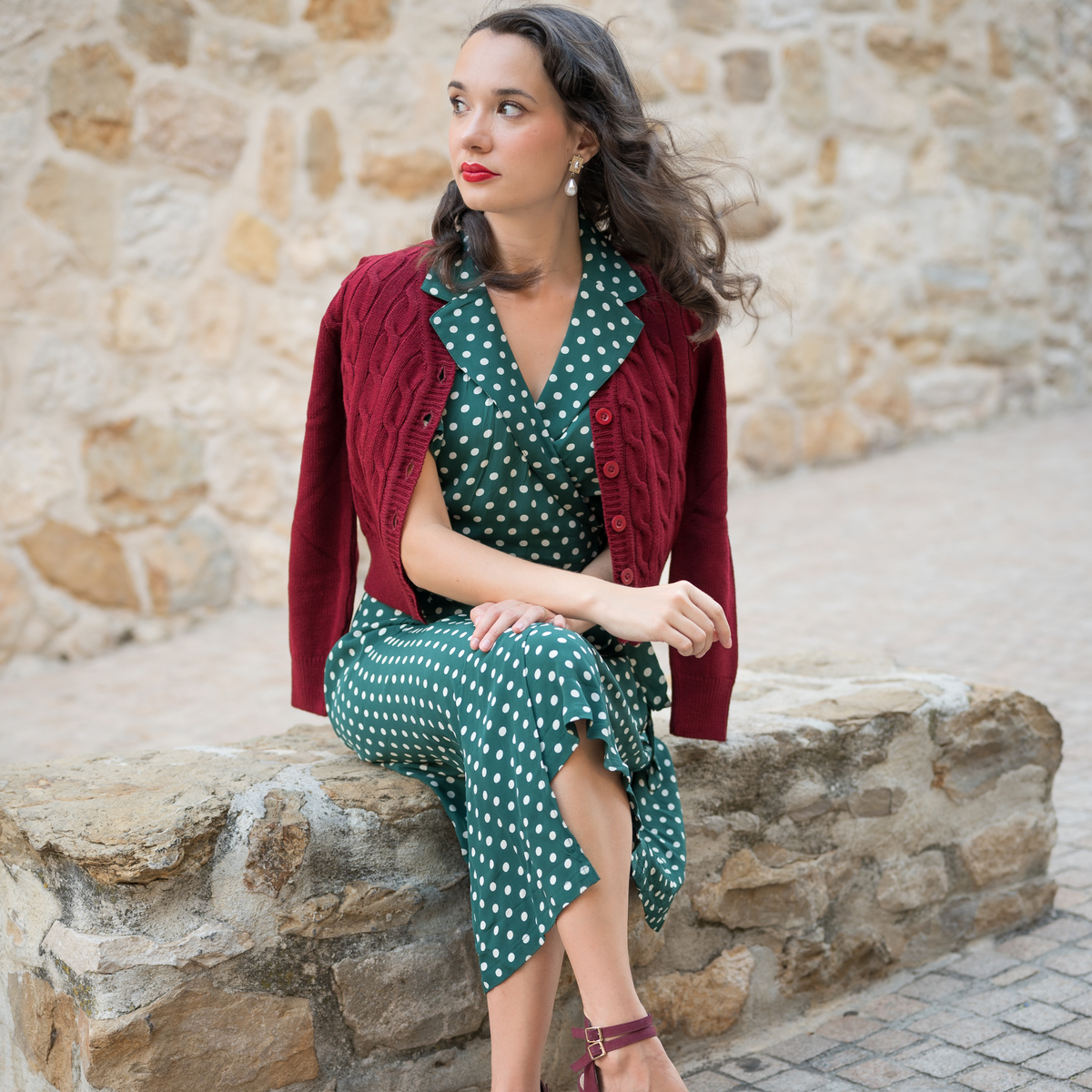 Peggy Wrap Dress in Green Polka