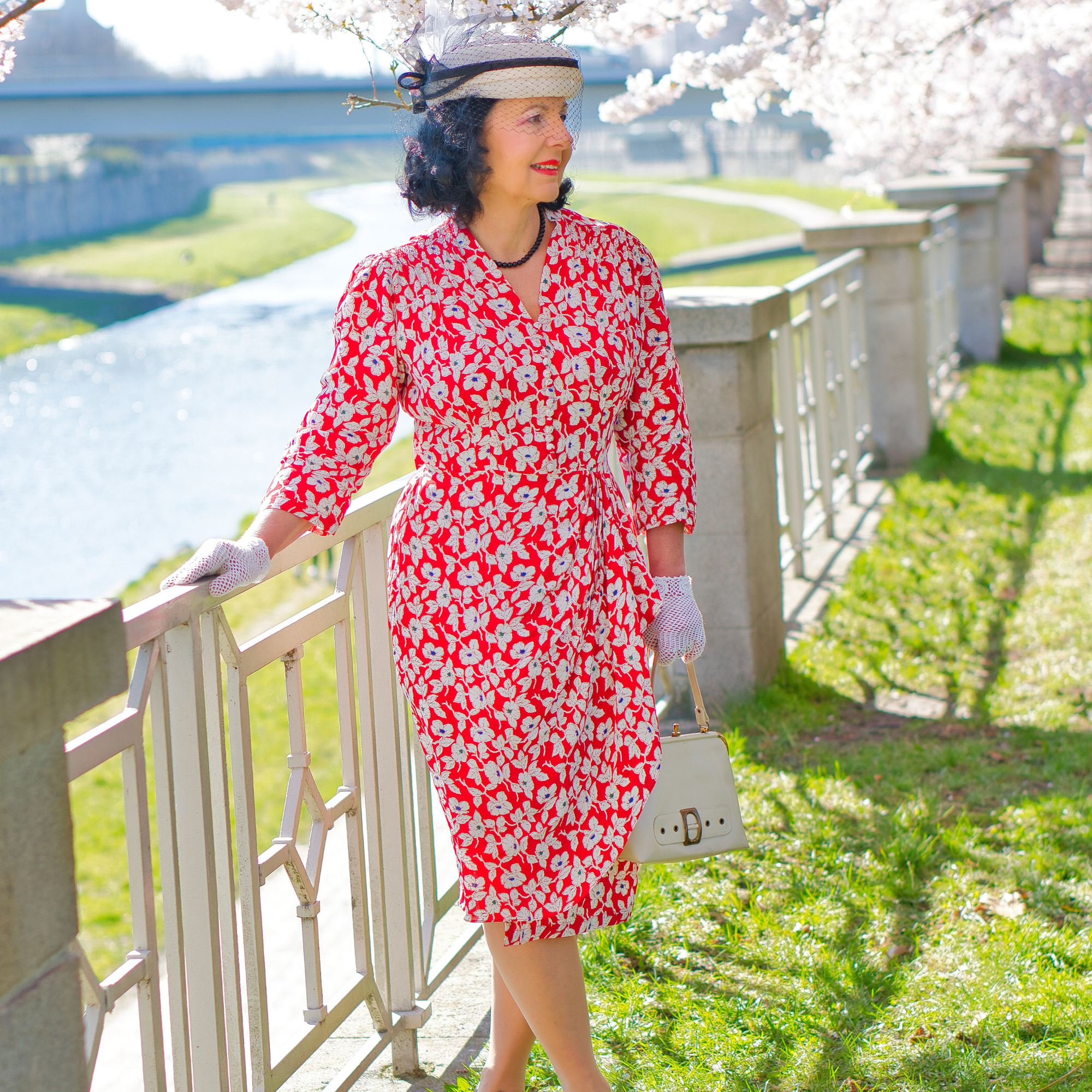 Mabel 3/4 Waterfall Dress in Red Pansy