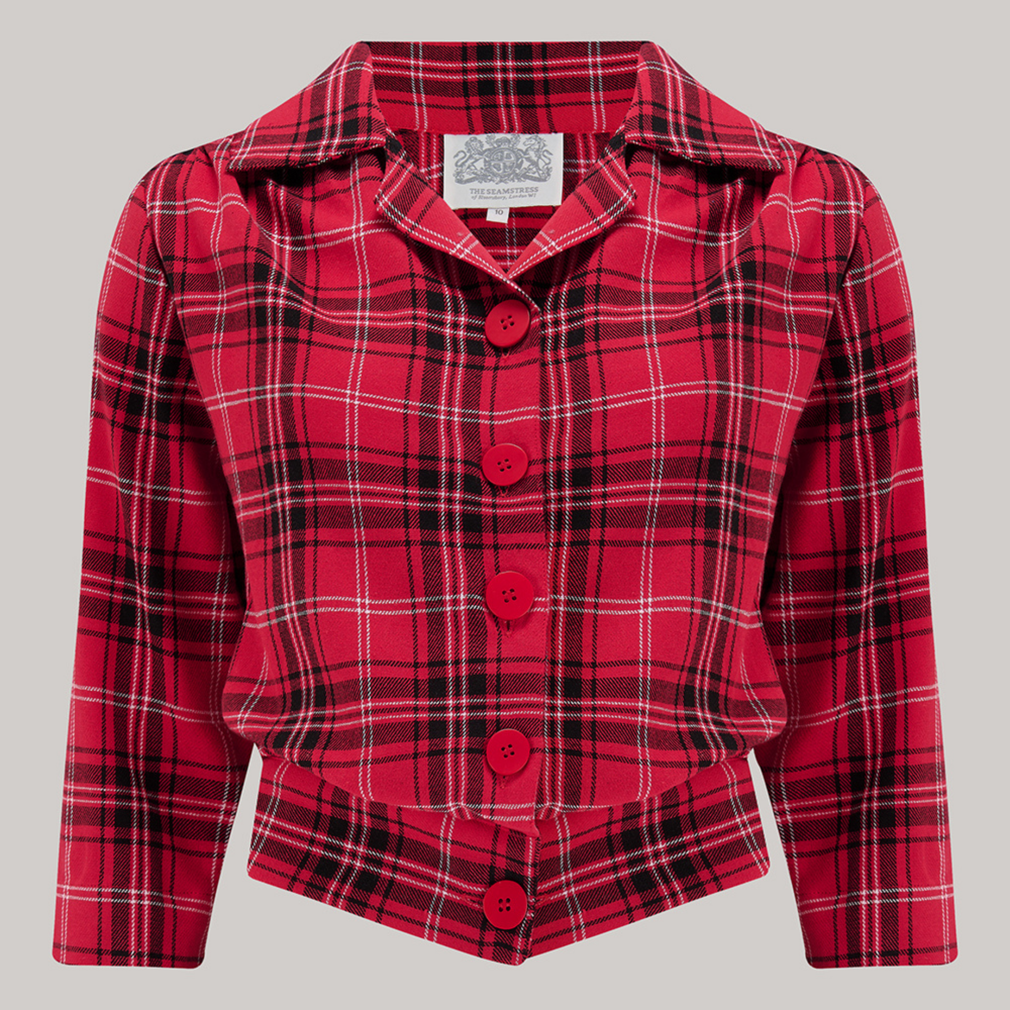 A red checkered blouse with 3/4 length sleeves, revere collar, and front button fastenings.