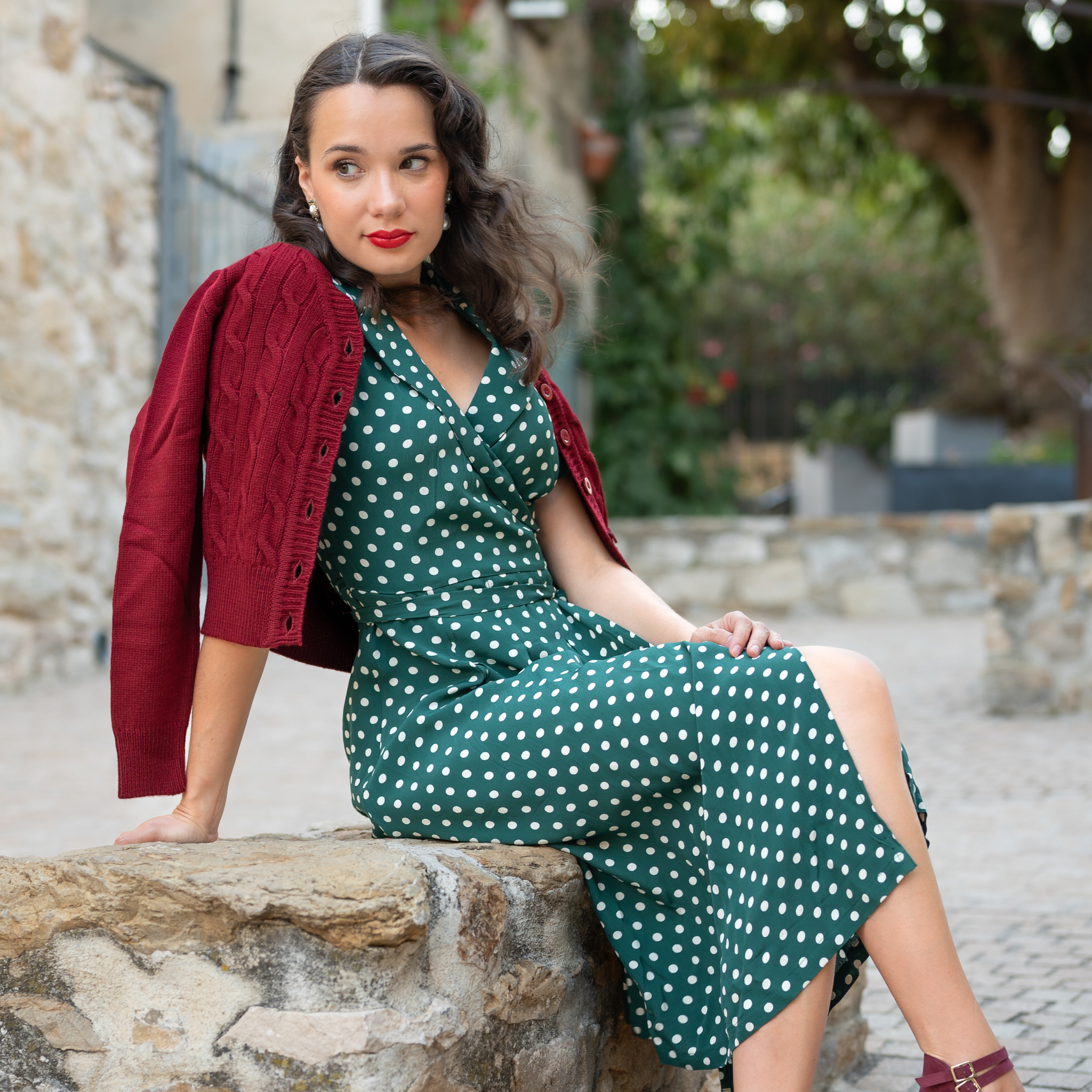 Green spotty top wrap dress