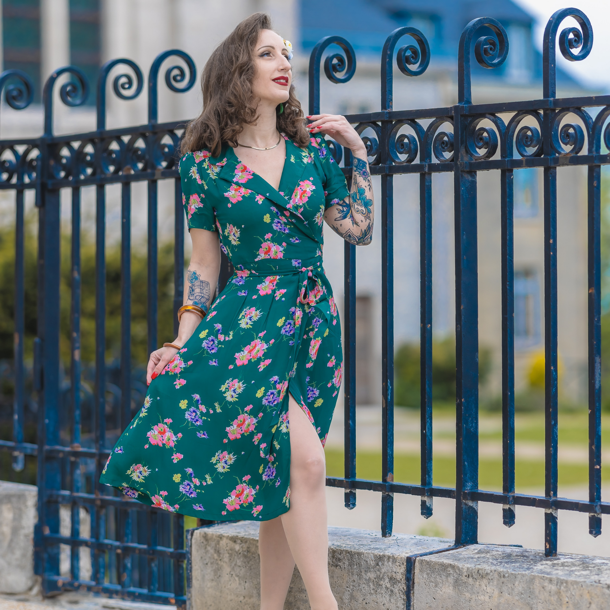 Peggy Wrap Dress in Green Mayflower