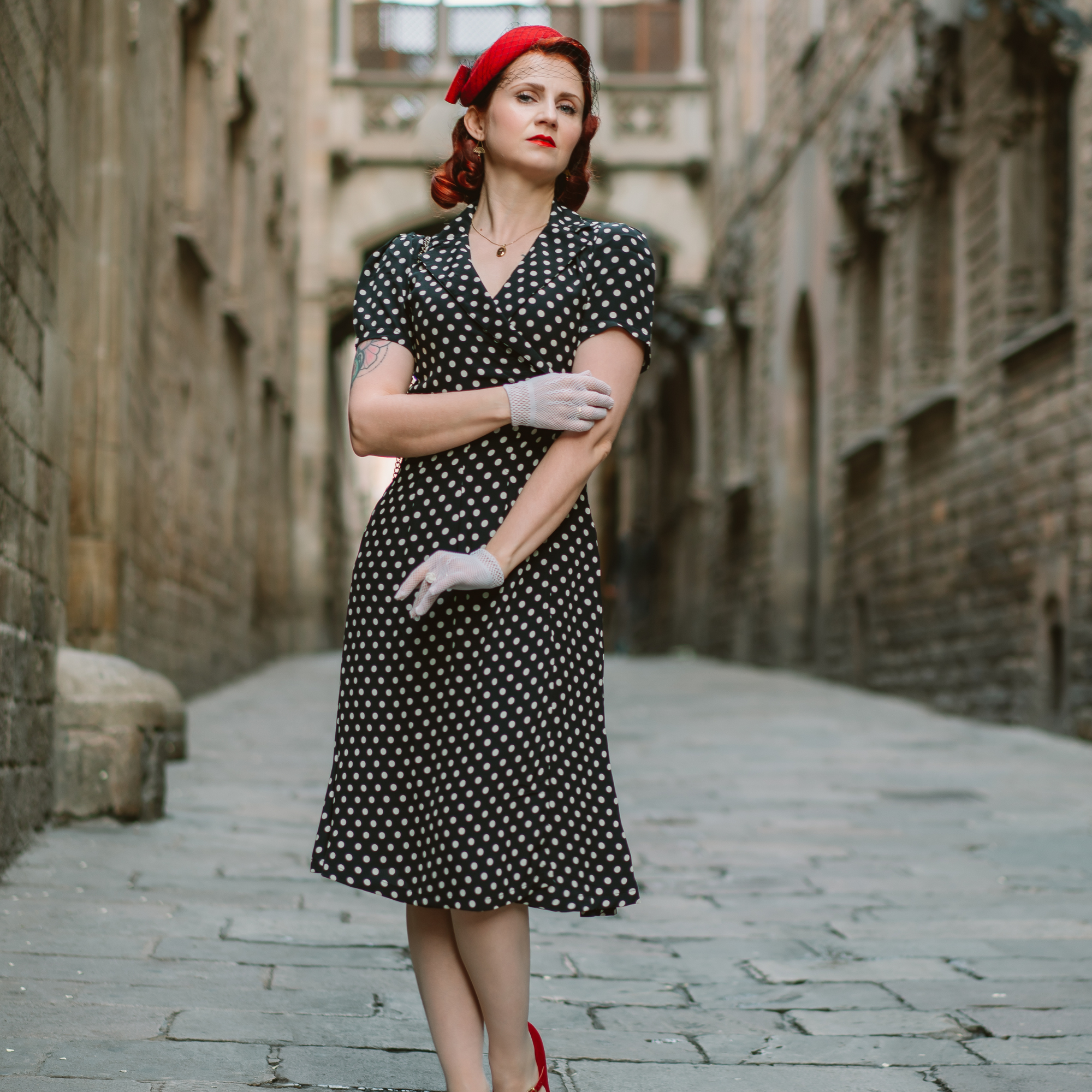 Peggy Wrap Dress in Black Polka