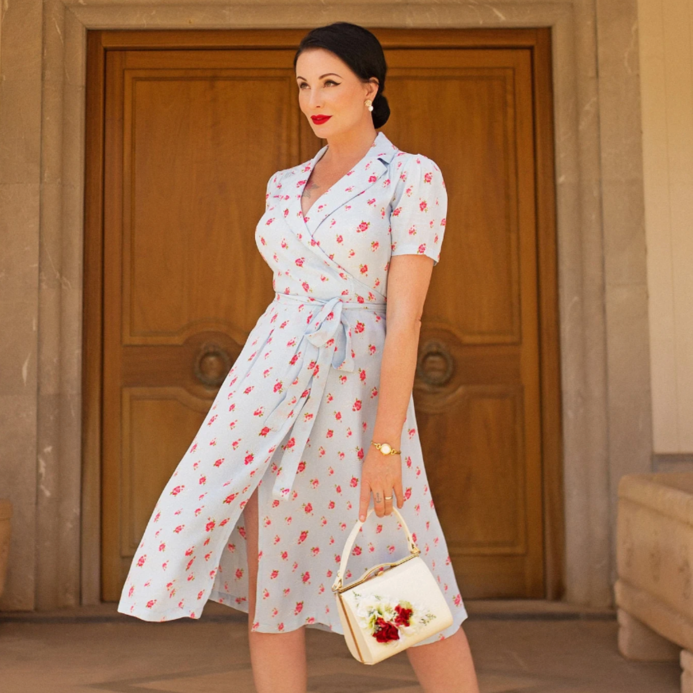 Blue polka dot wrap top dress