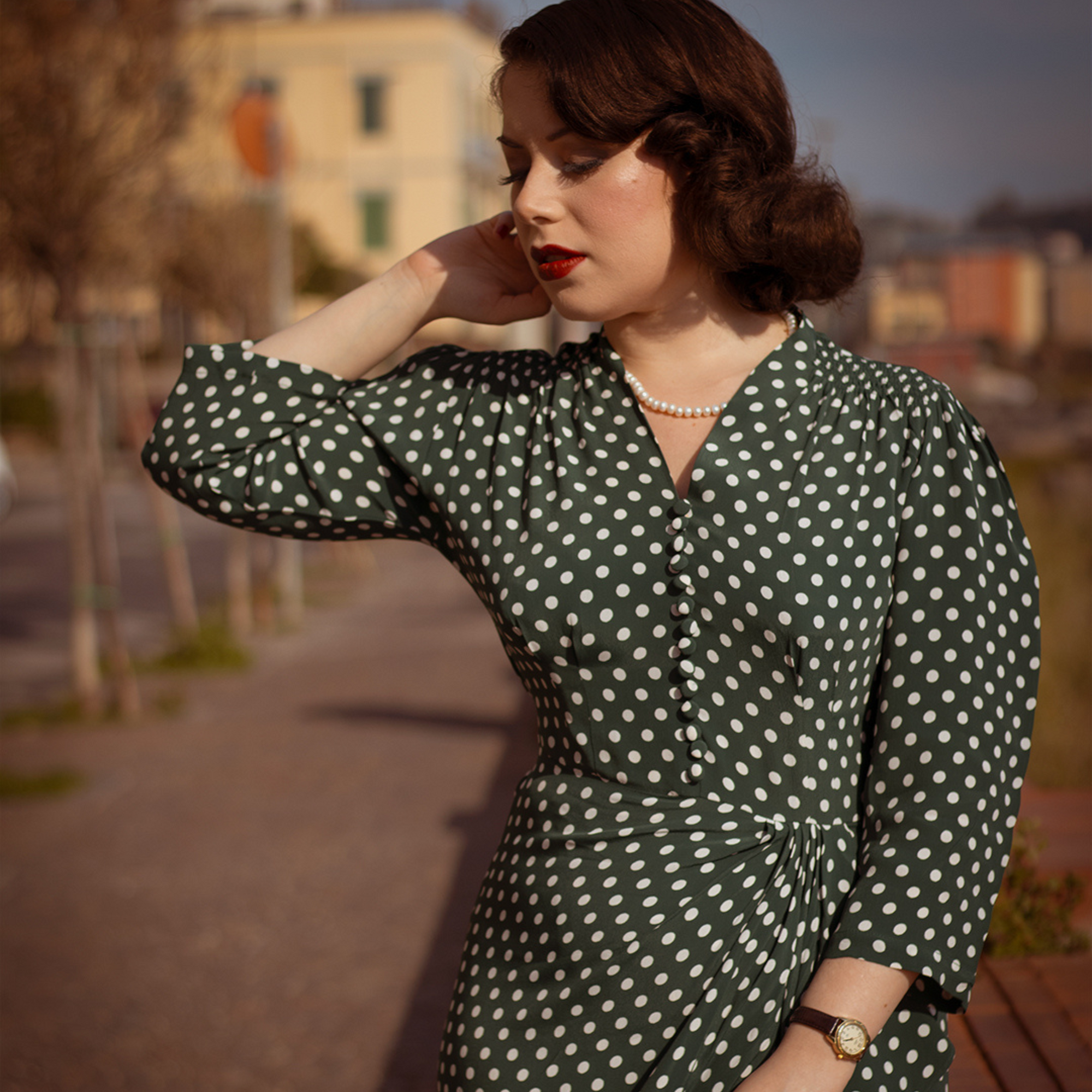 Mabel 3/4 Waterfall Dress in Green Polka