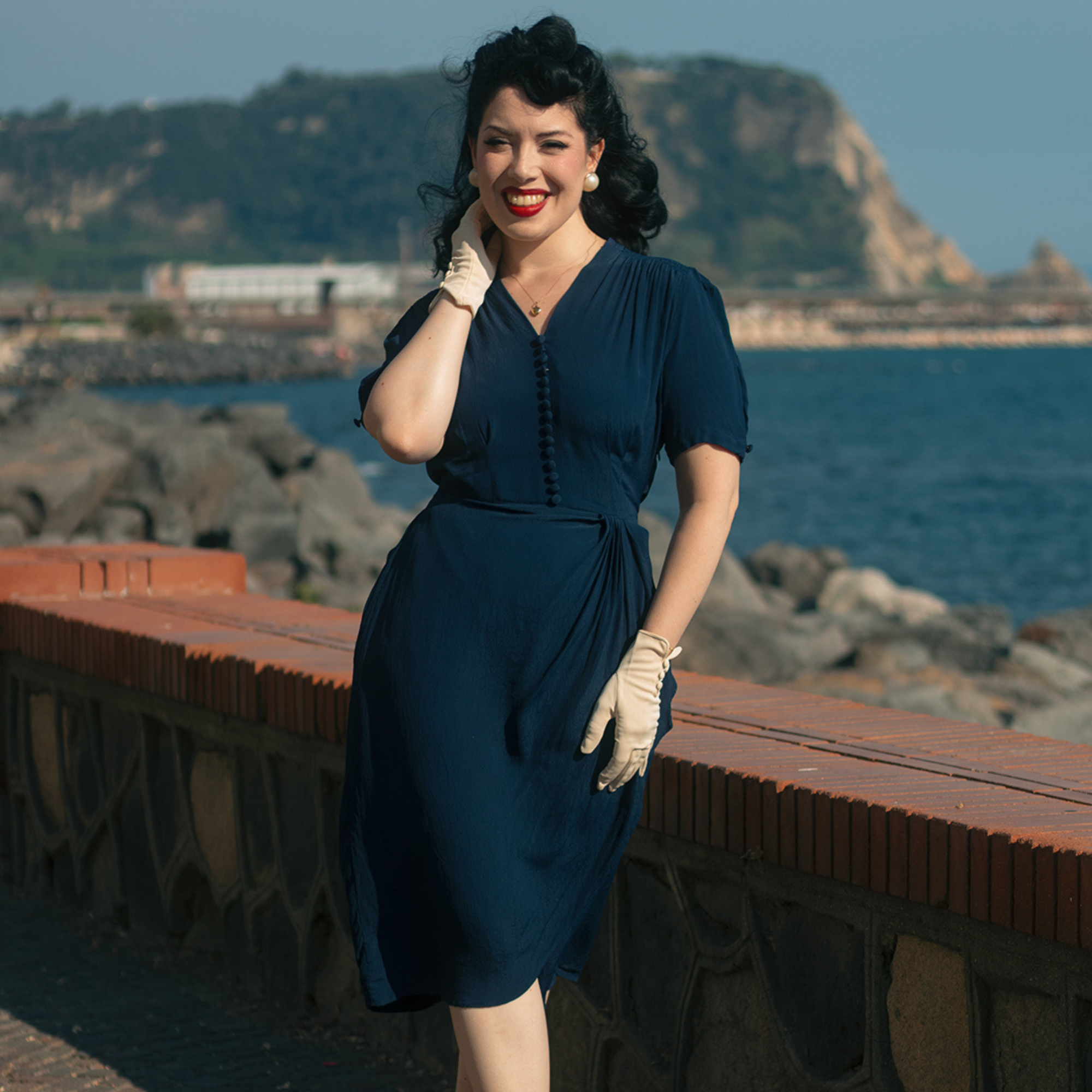 Mabel Dress in French Navy | Vintage 1940s Style Waterfall Dress