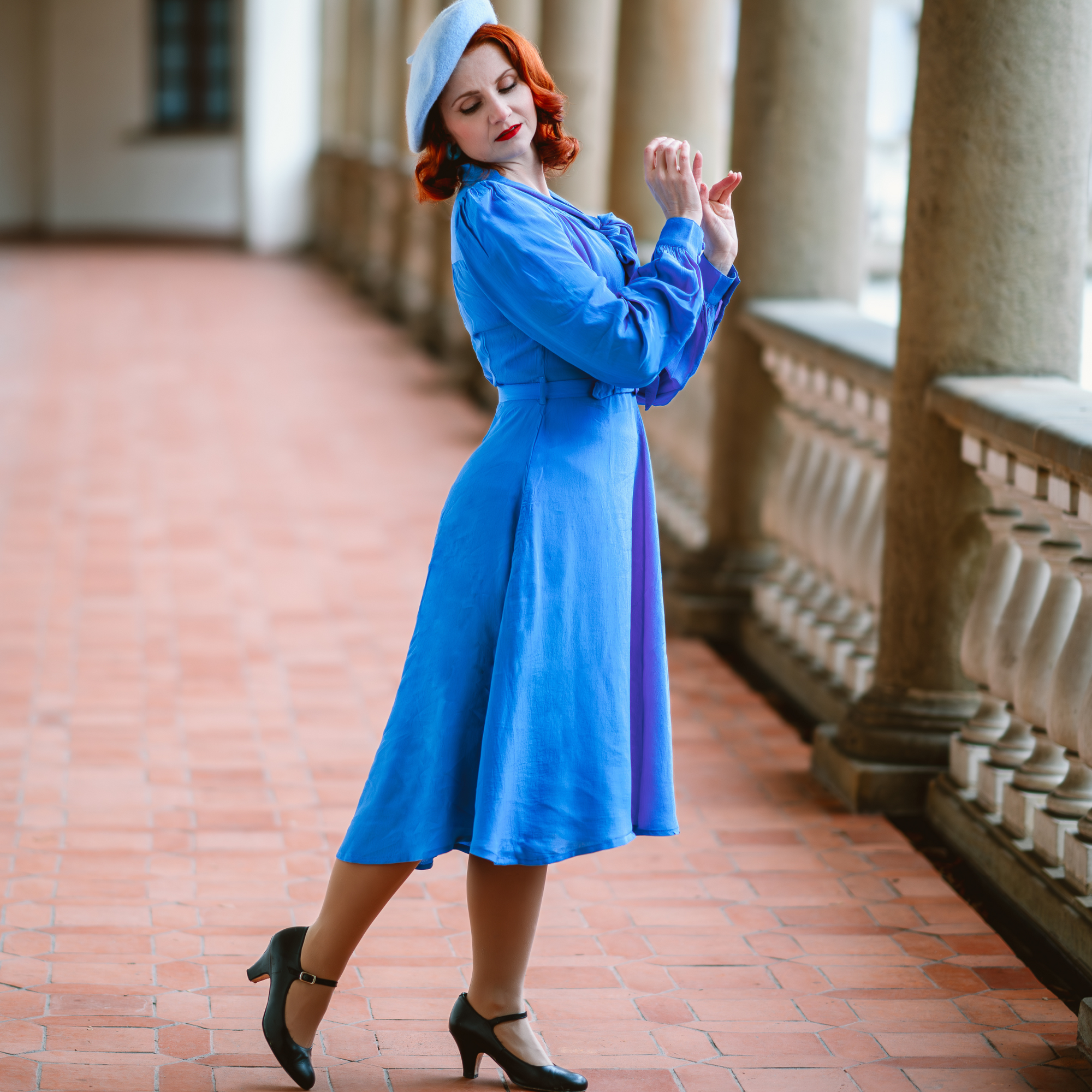 Eva Pussy Bow Dress in Palace Blue