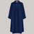 A 1940s style 43 inch long swing coat in navy. It has three buttons at the top front, small shoulder pads, and is lined in satin. 