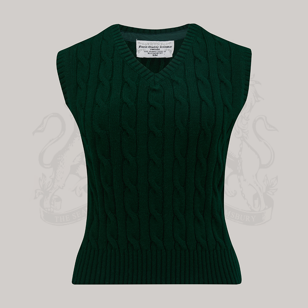 1940s style cable knitted slipover/vest in dark green with a v-neck neckline.