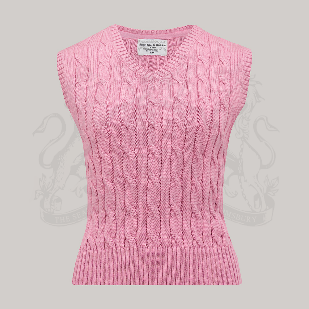 1940s style cable knitted slipover/vest in pink with a v-neck neckline.