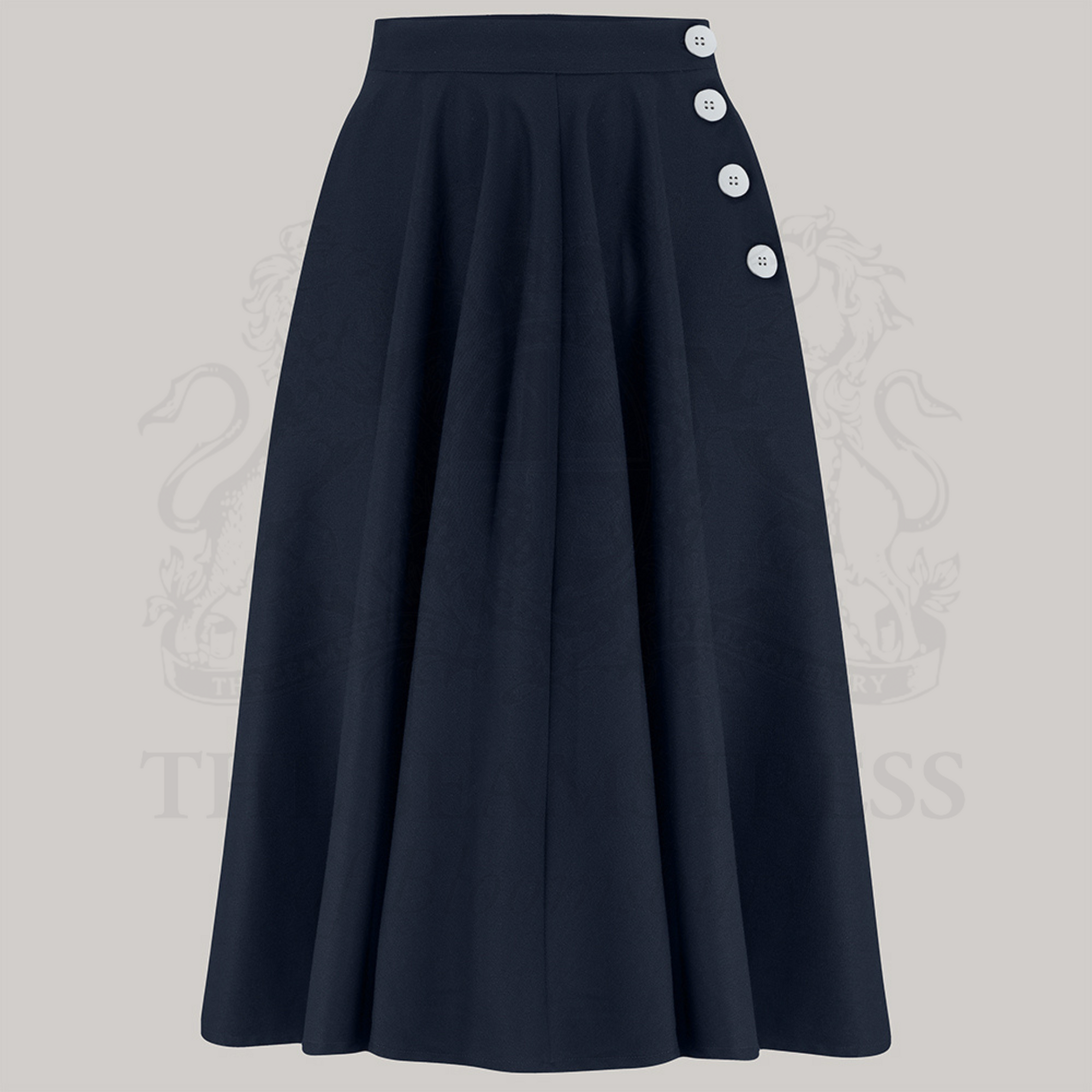A navy swing dance skirt with a fitted waistband, decorative buttons on the left side, and a side seam zip closure. It swings out into a full circle.