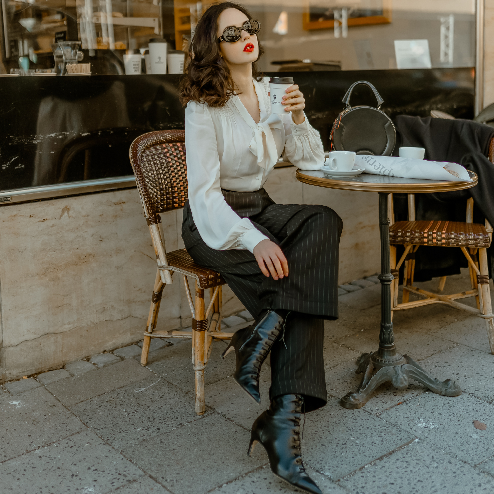 Tailored Audrey Trousers in Black Pinstripe