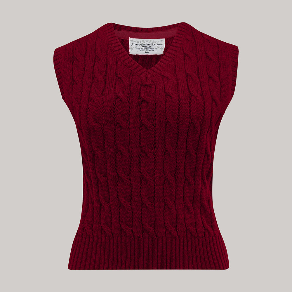 1940s style cable knitted slipover/vest in burgundy with a v-neck neckline.