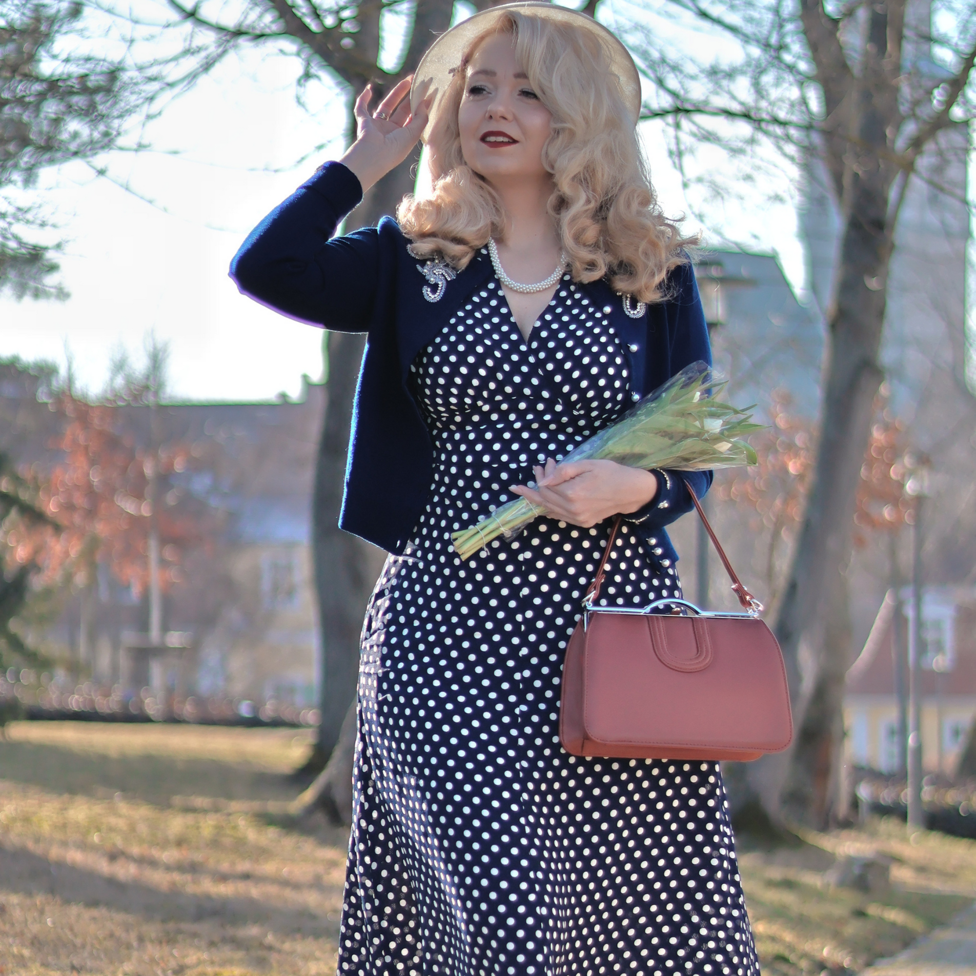 Dolores Dress in Navy Polka