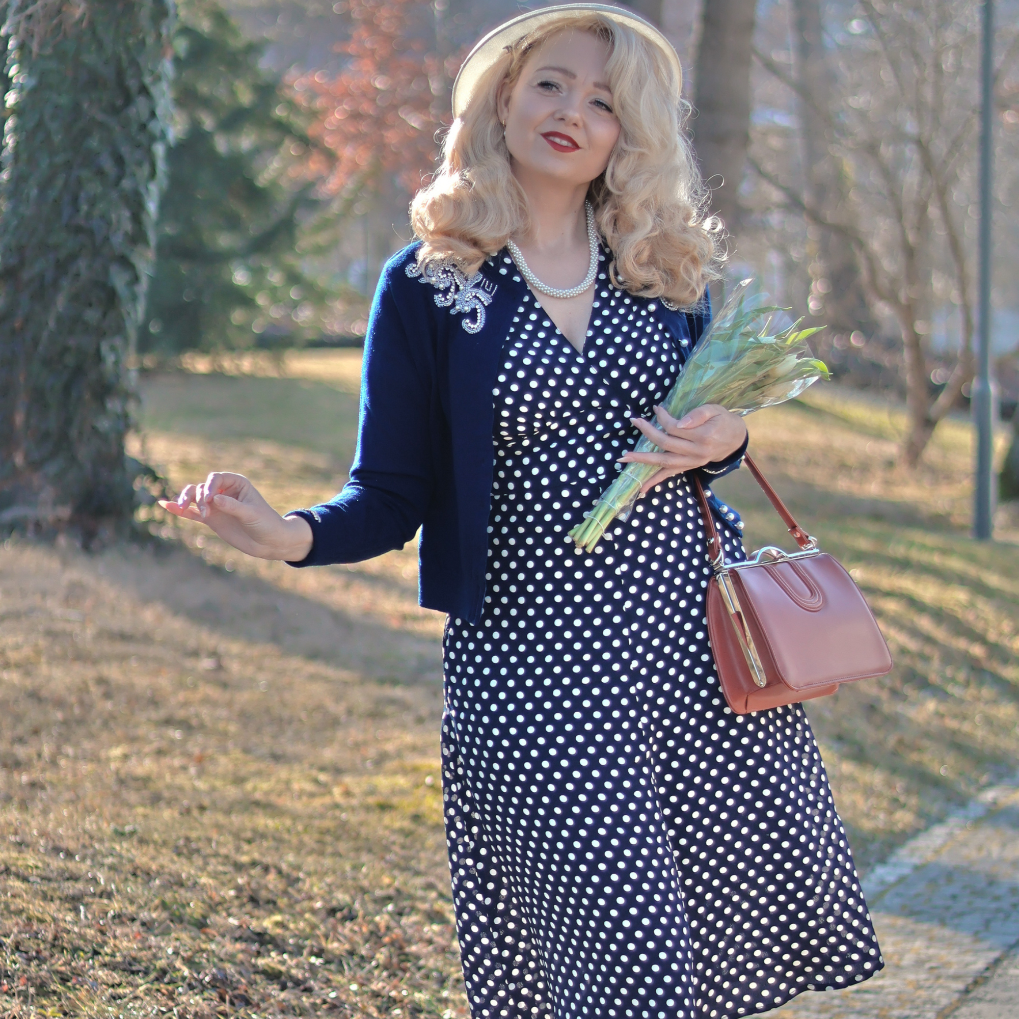 Dolores Dress in Navy Polka