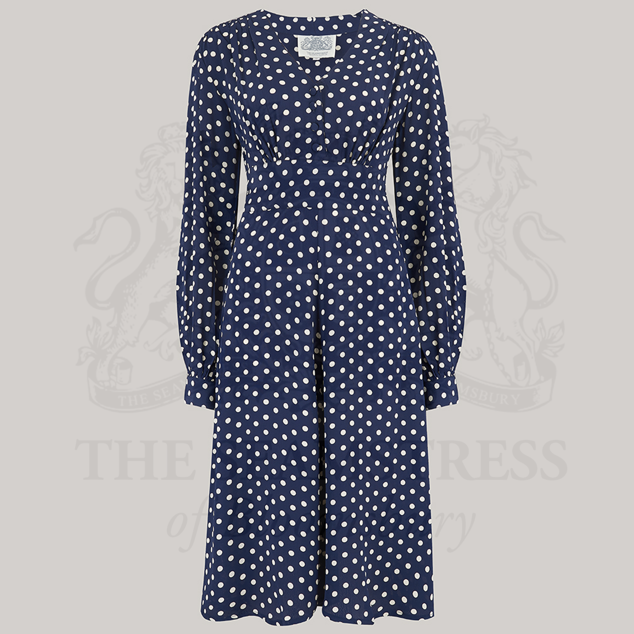 Long navy polka dot dress best sale