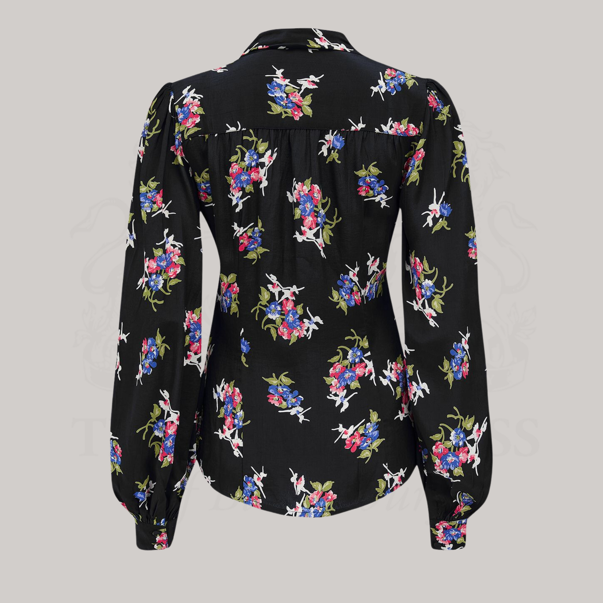 Eva Pussy Bow Blouse in Black Floral Dancer