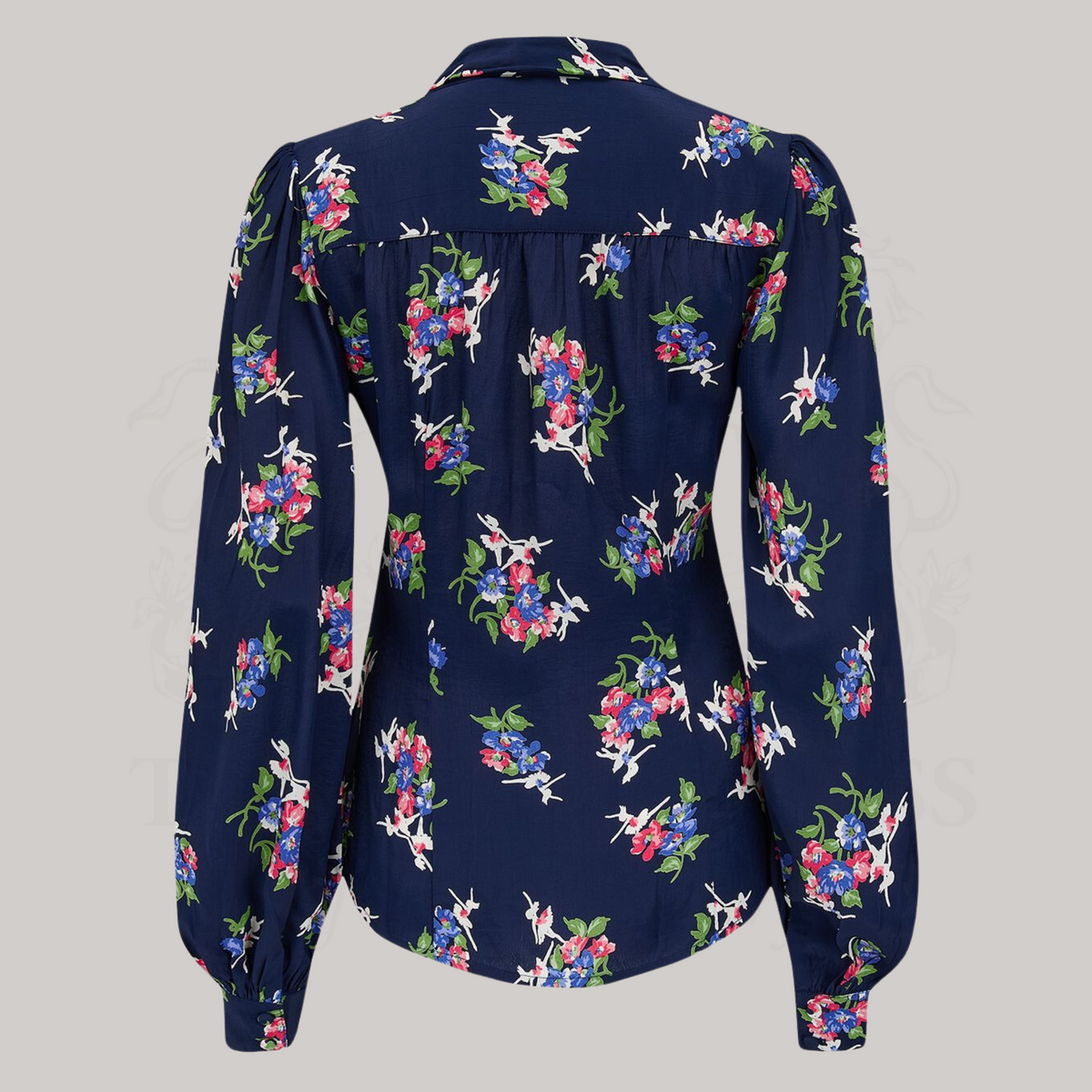 Eva Pussy Bow Blouse in Navy Floral Dancer