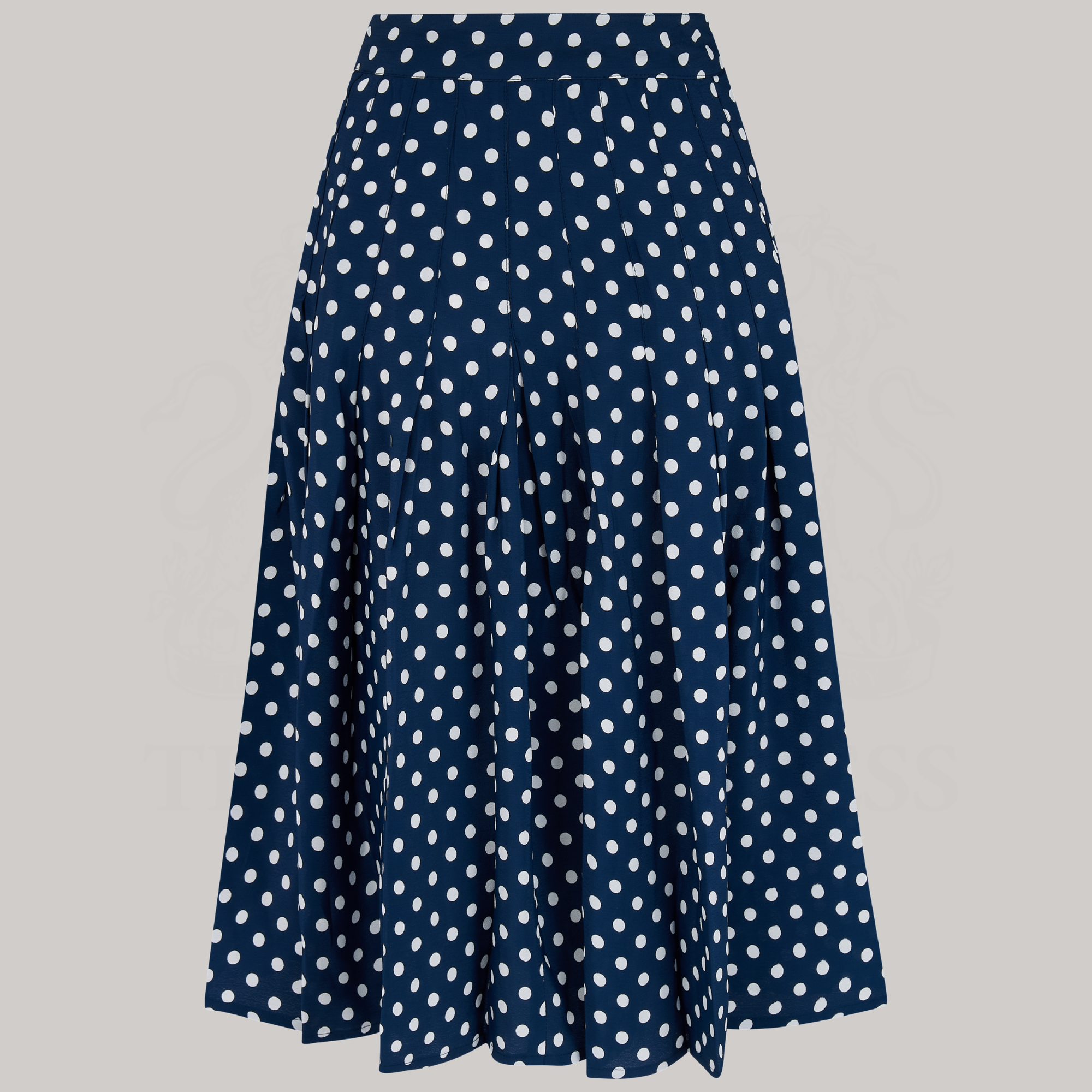 Lucille Pleated Skirt in Navy Polka