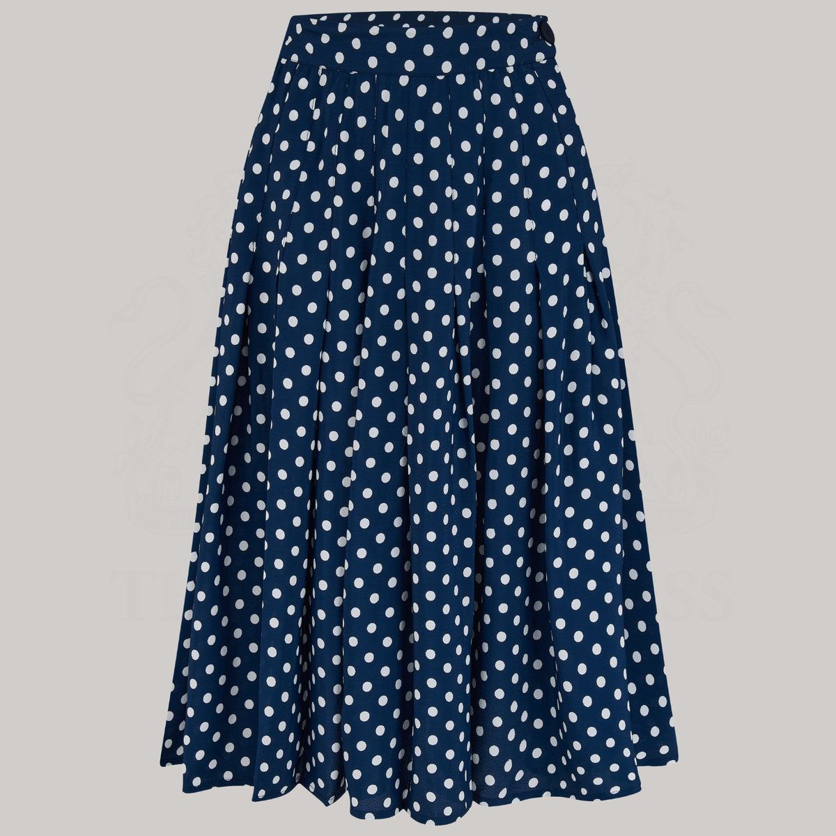 Lucille Pleated Skirt in Navy Polka