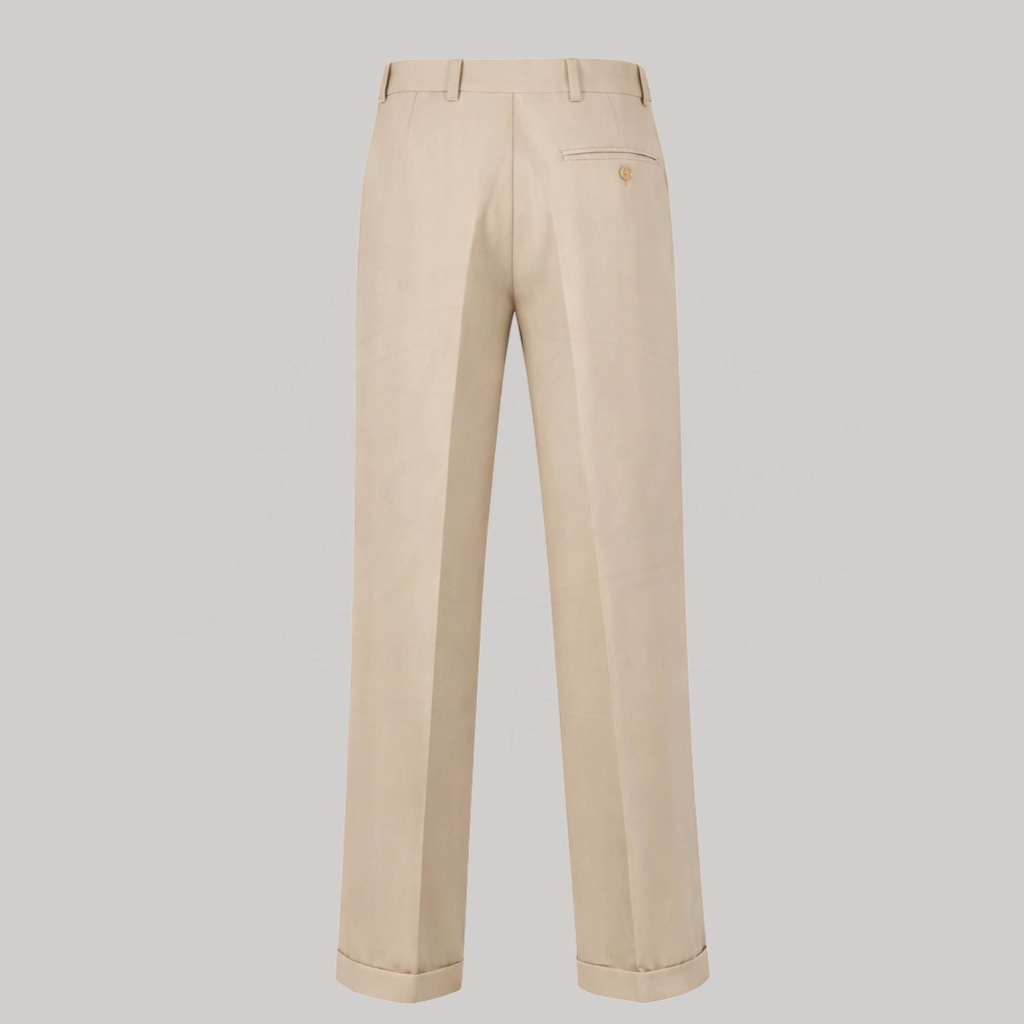 Beige pleated trousers on a light gray background