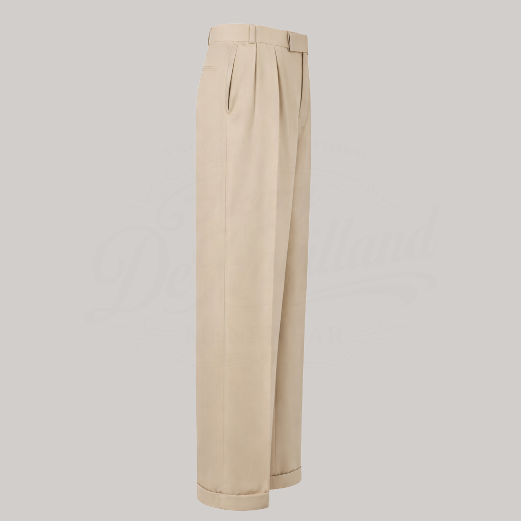 Beige pleated trousers on a light gray background