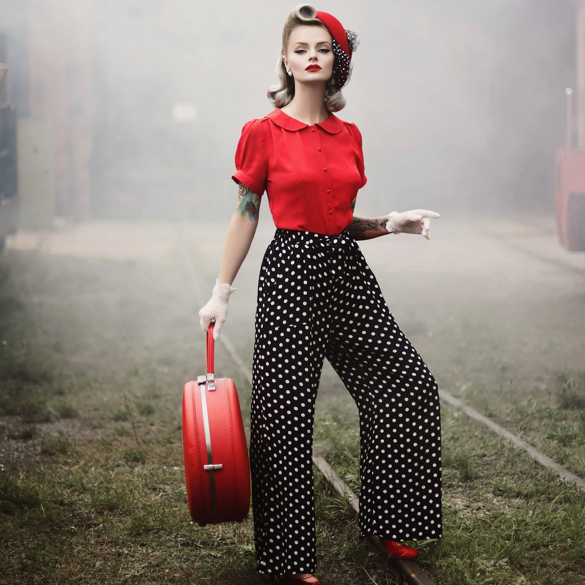 Red polka dot trousers hotsell