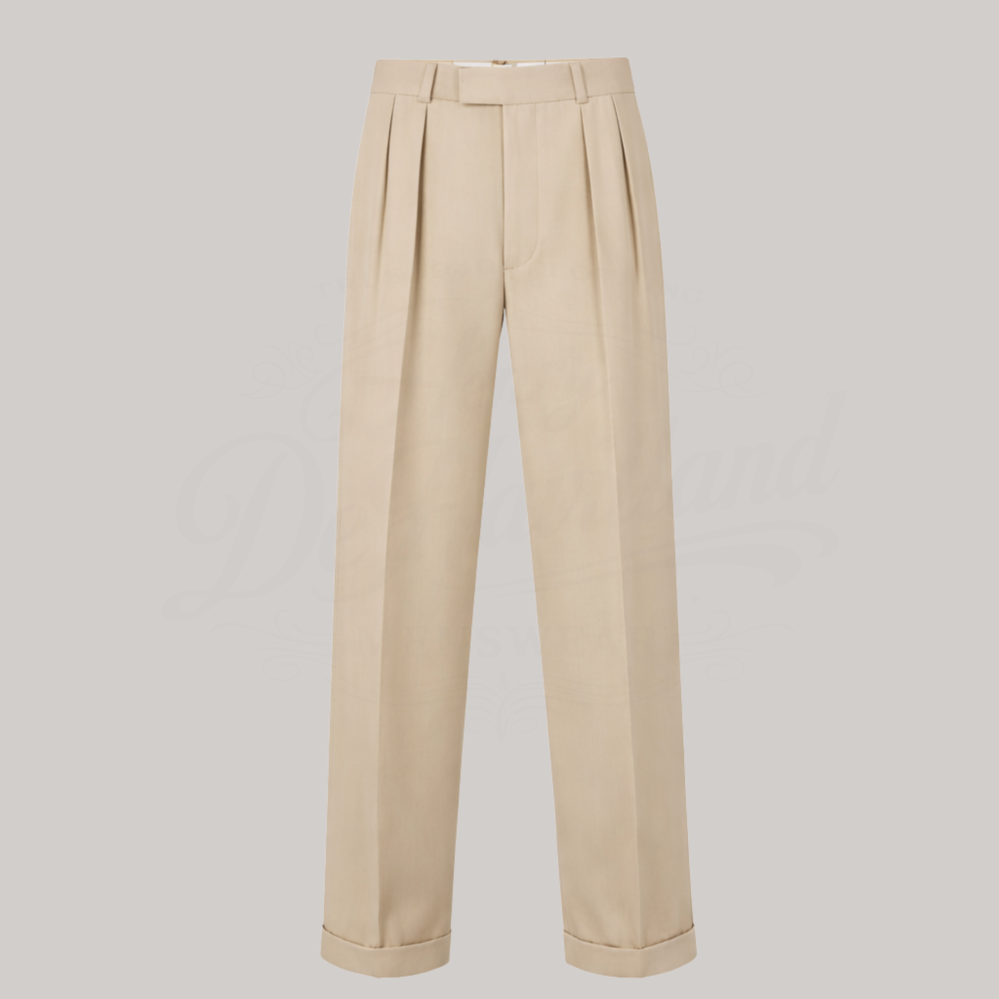 Beige pleated trousers on a light gray background