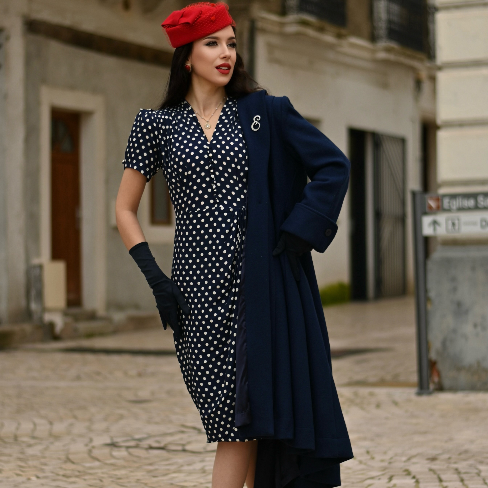 Mabel Dress in Navy Polka Dot Vintage 1940s Style Waterfall