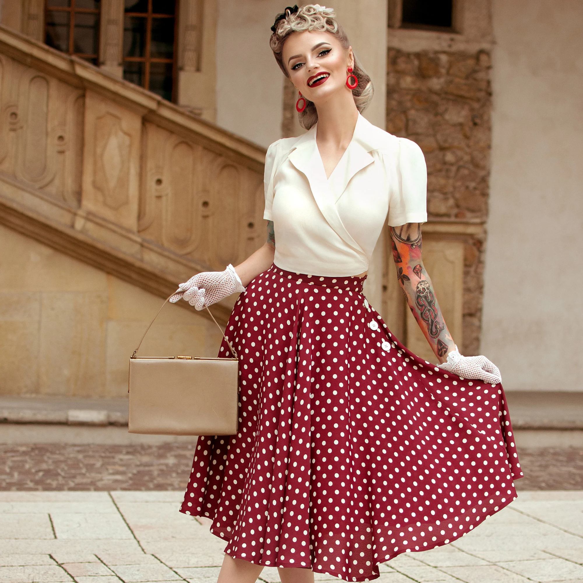 Isabelle Skirt in Wine Polka