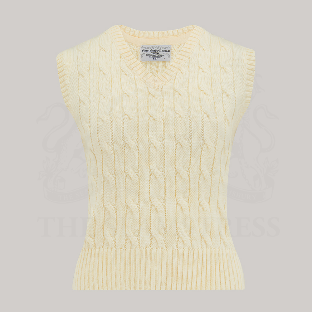 1940s style cable knitted slipover/vest in cream with a v-neck neckline.