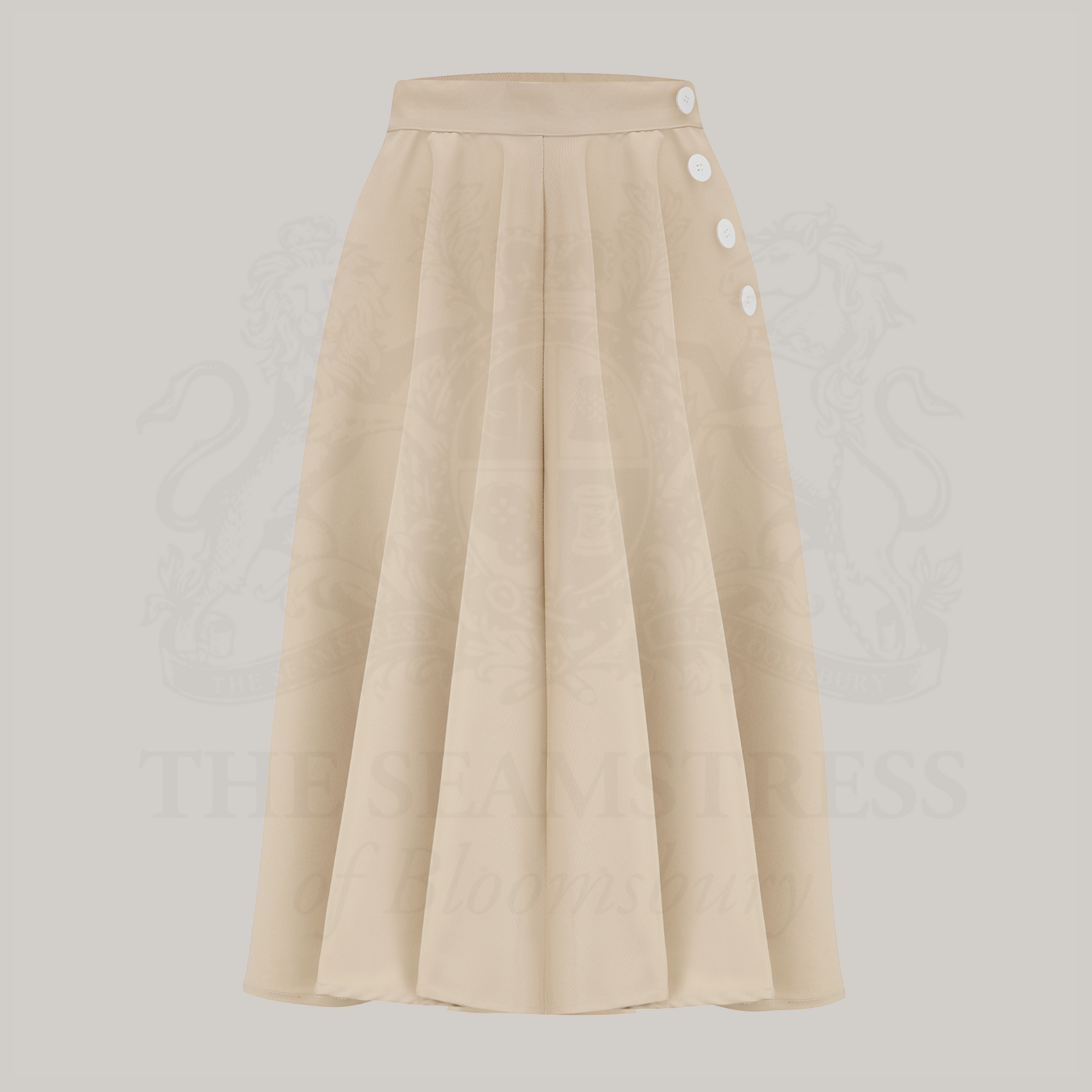 1940s stone swing dance skirt with white decorative buttons on a grey background