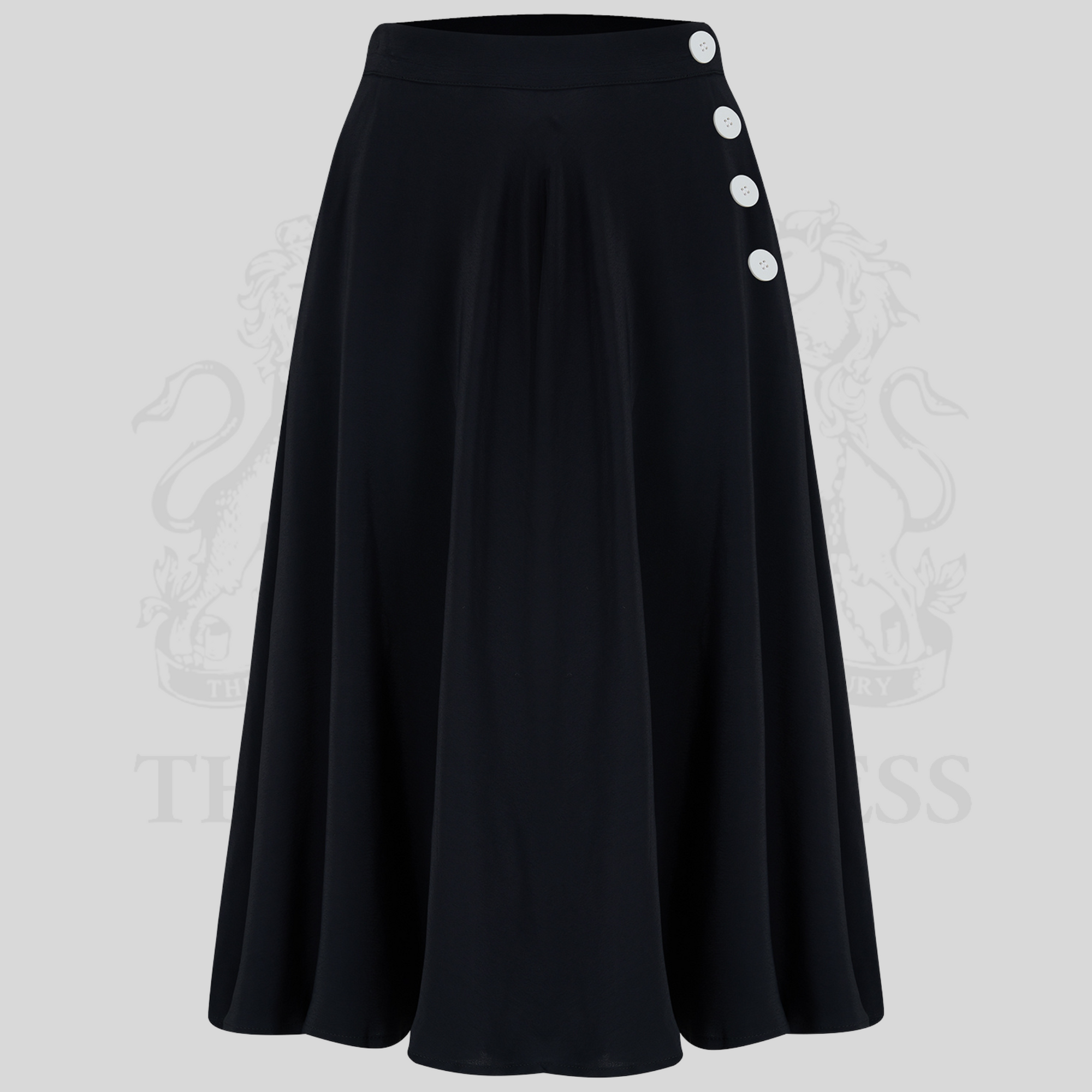 A  black swing dance skirt with a full-circle silhouette
