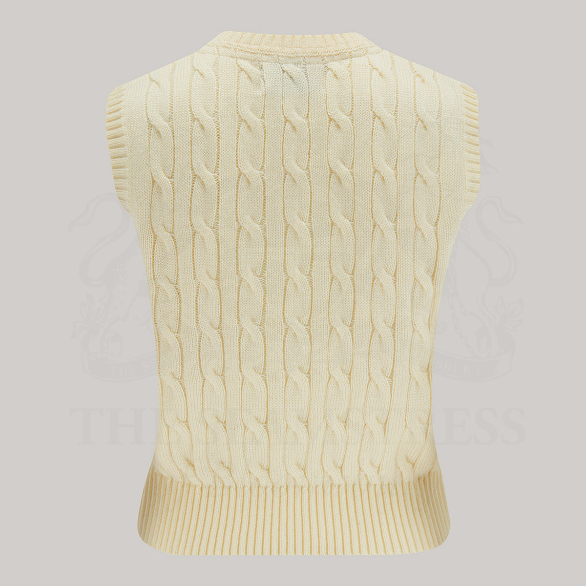 1940s style cable knitted slipover/vest in cream with a v-neck neckline.