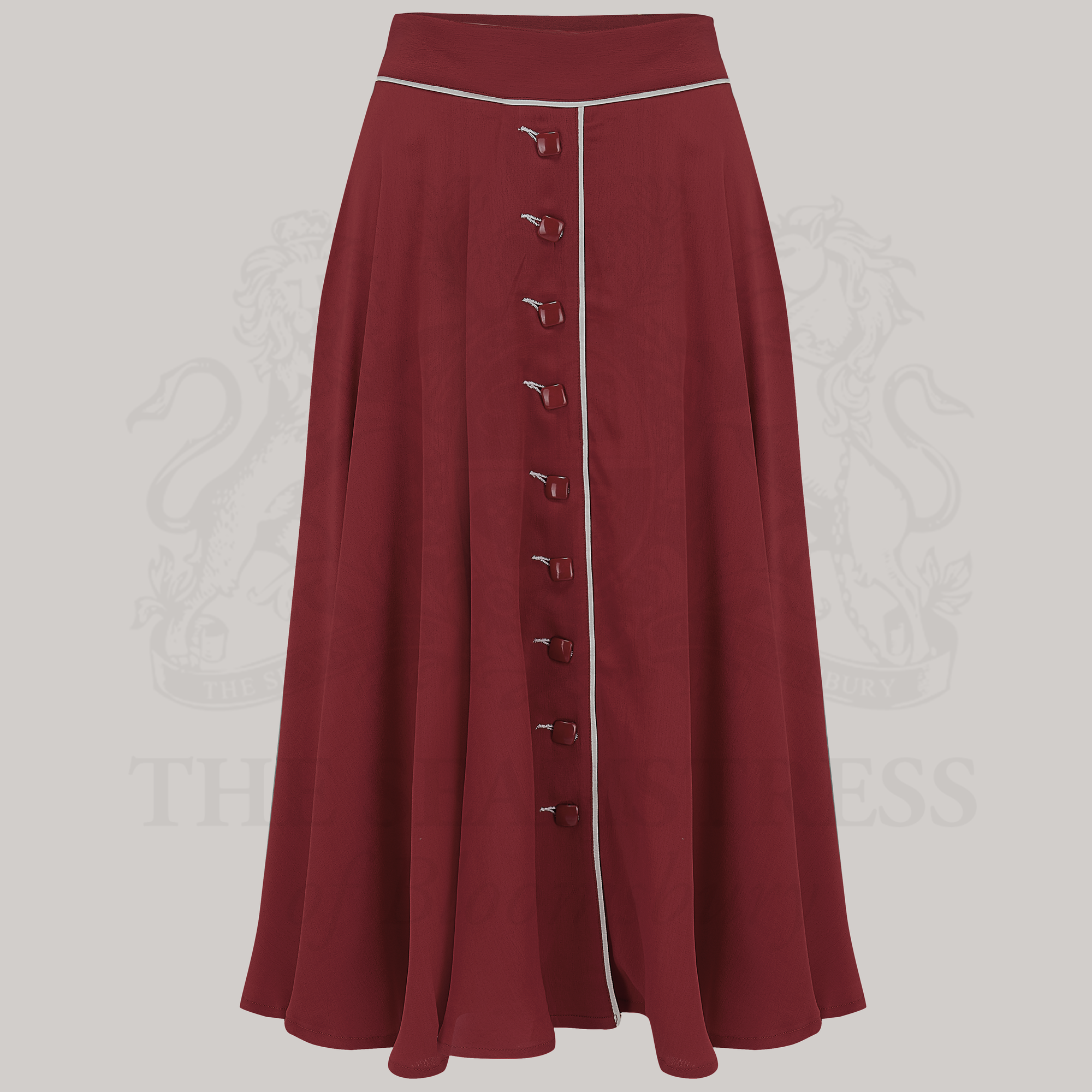 A 1940s-style swing skirt in Wine color with contrasting cream elements, including buttons and piping. The skirt has a full circle cut and diagonal buttonholes.