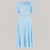A 1940s vintage style dress with a side tie-neck and a tie-waist belt. This dress is baby blue in colour and has a a-line skirt and is designed to finish below the knee.