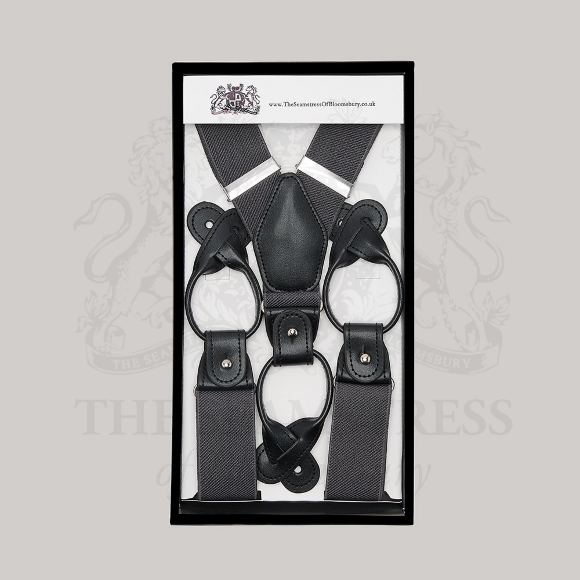 Men's trouser braces in branded packaging.