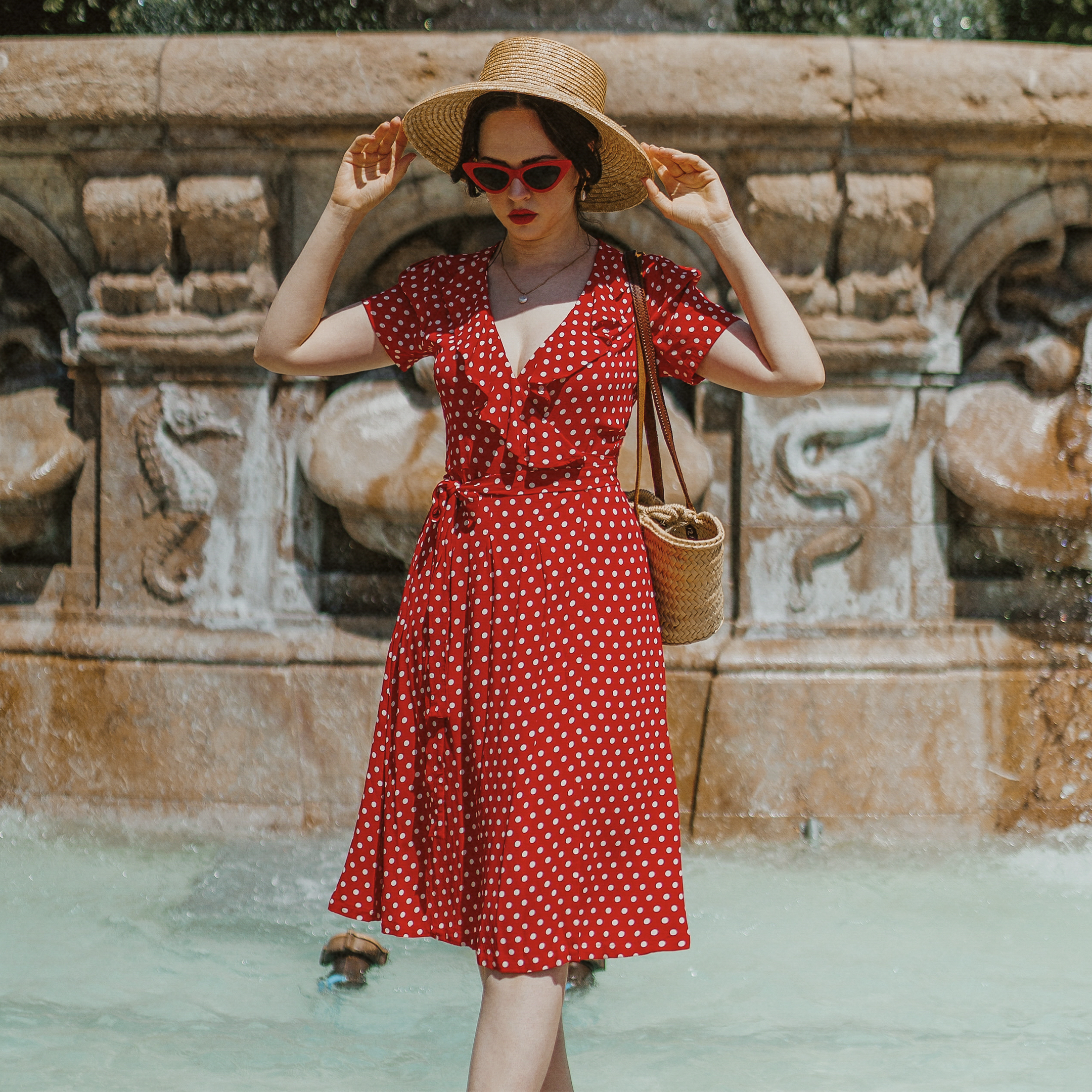 Red polka dot ruffle dress online